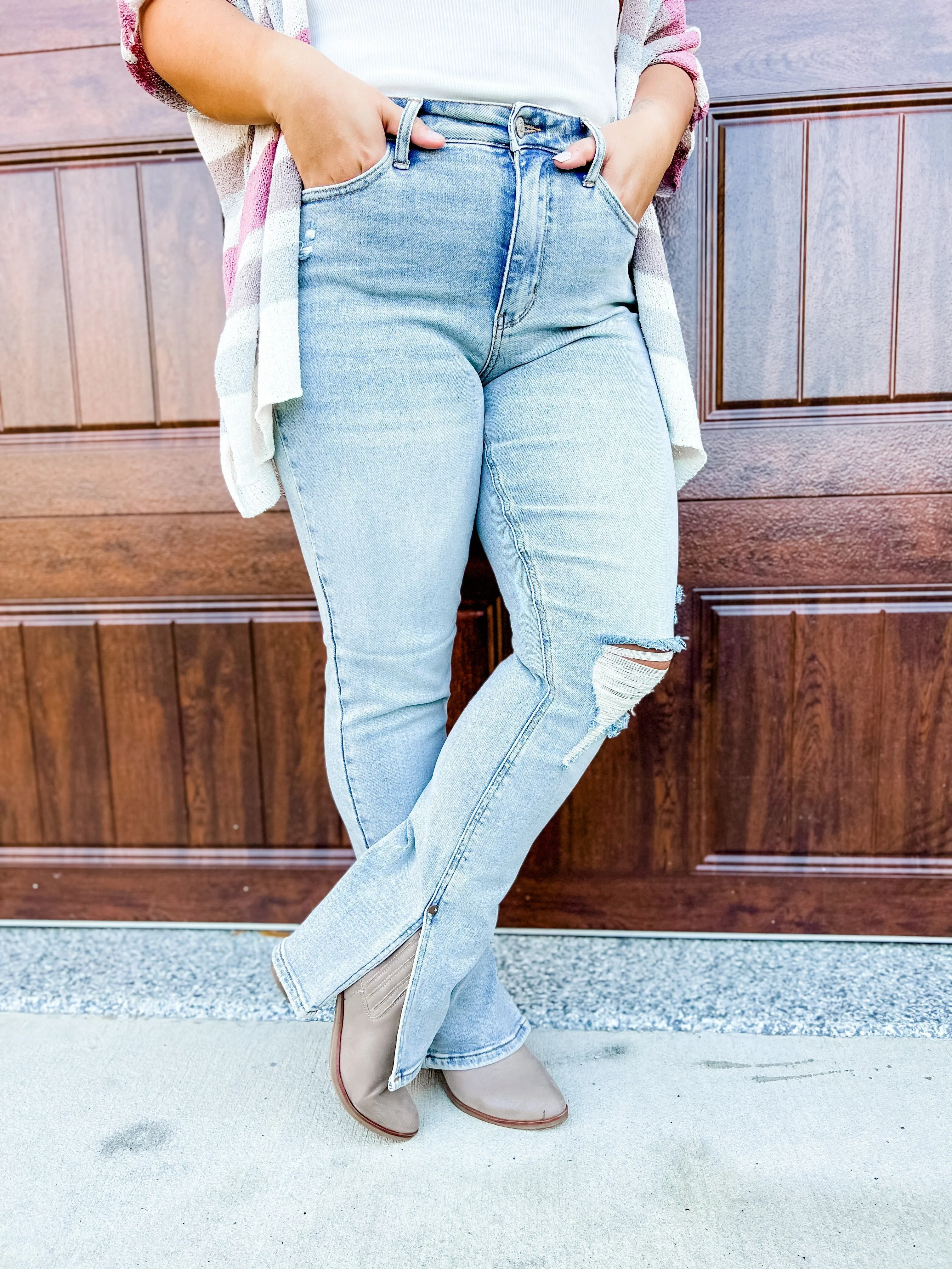 Judy Blue High Waist Straight Leg Light Wash Distressed Denim with Inseam Slit