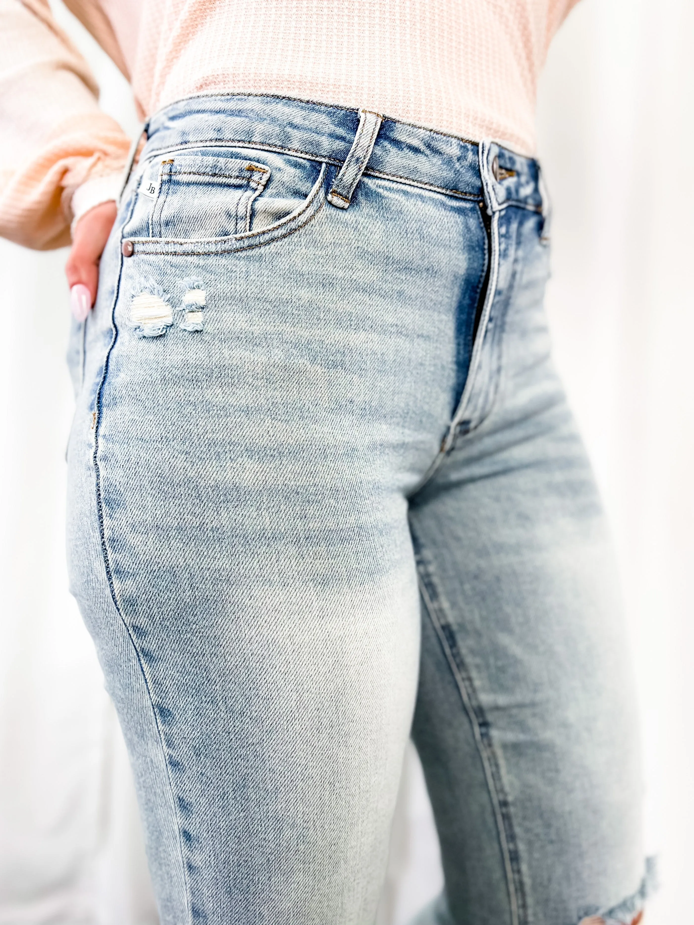 Judy Blue High Waist Straight Leg Light Wash Distressed Denim with Inseam Slit