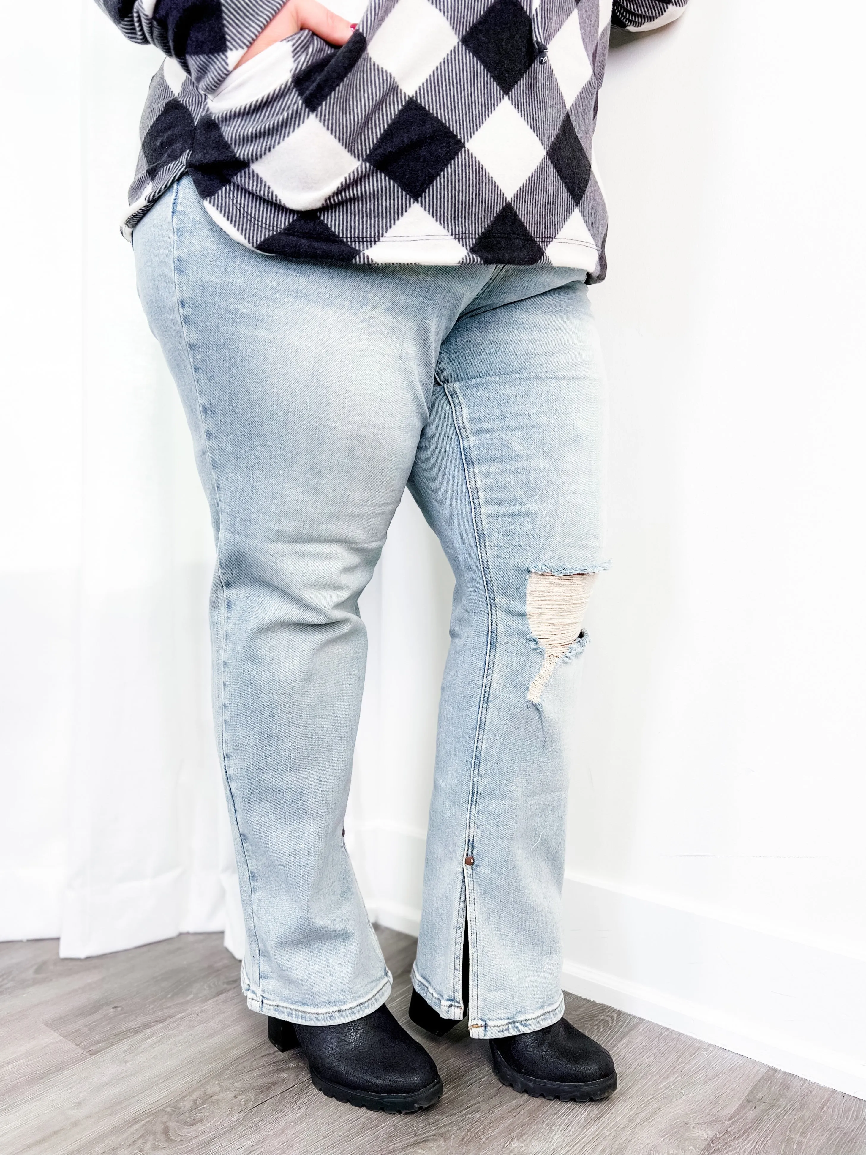 Judy Blue High Waist Straight Leg Light Wash Distressed Denim with Inseam Slit