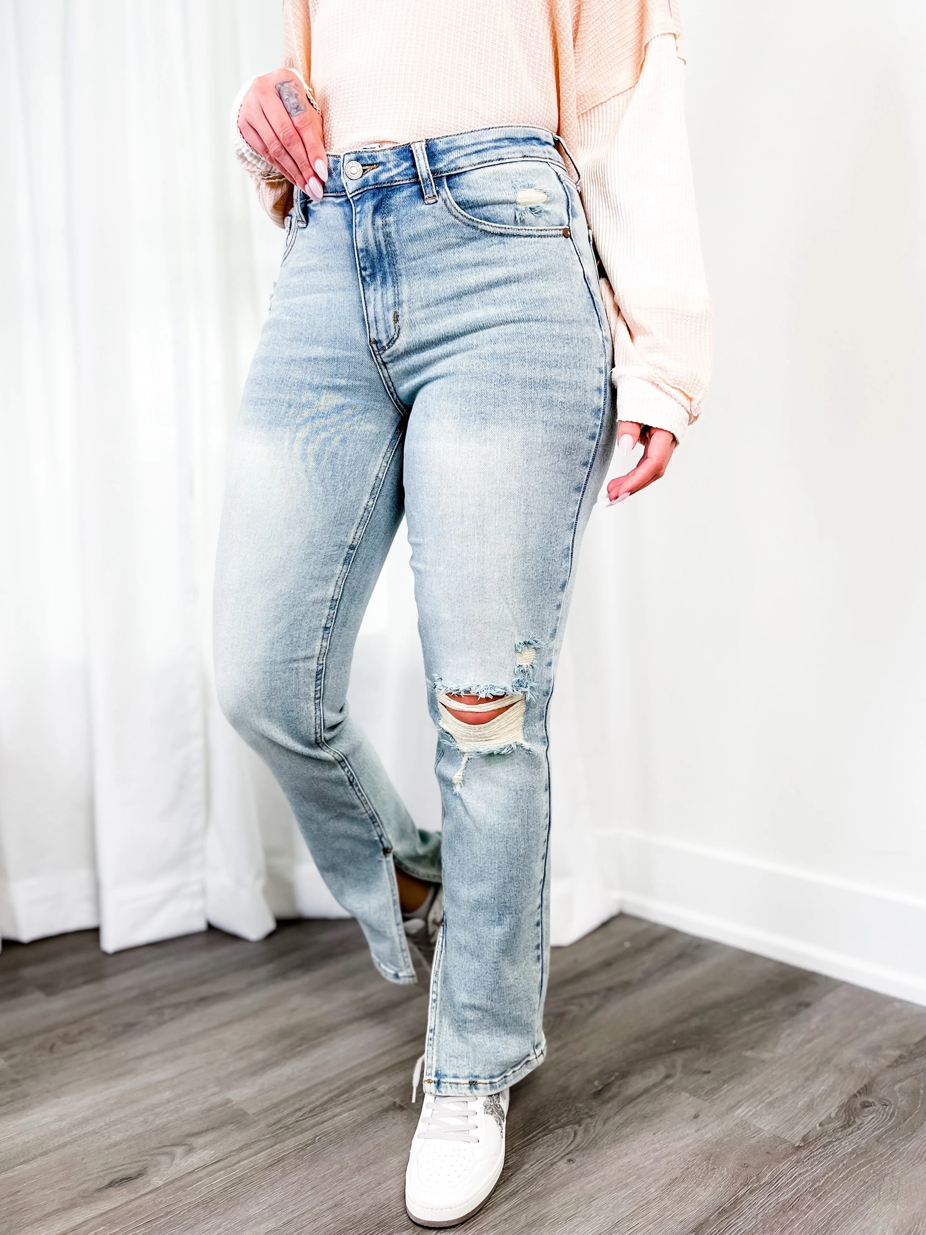 Judy Blue High Waist Straight Leg Light Wash Distressed Denim with Inseam Slit