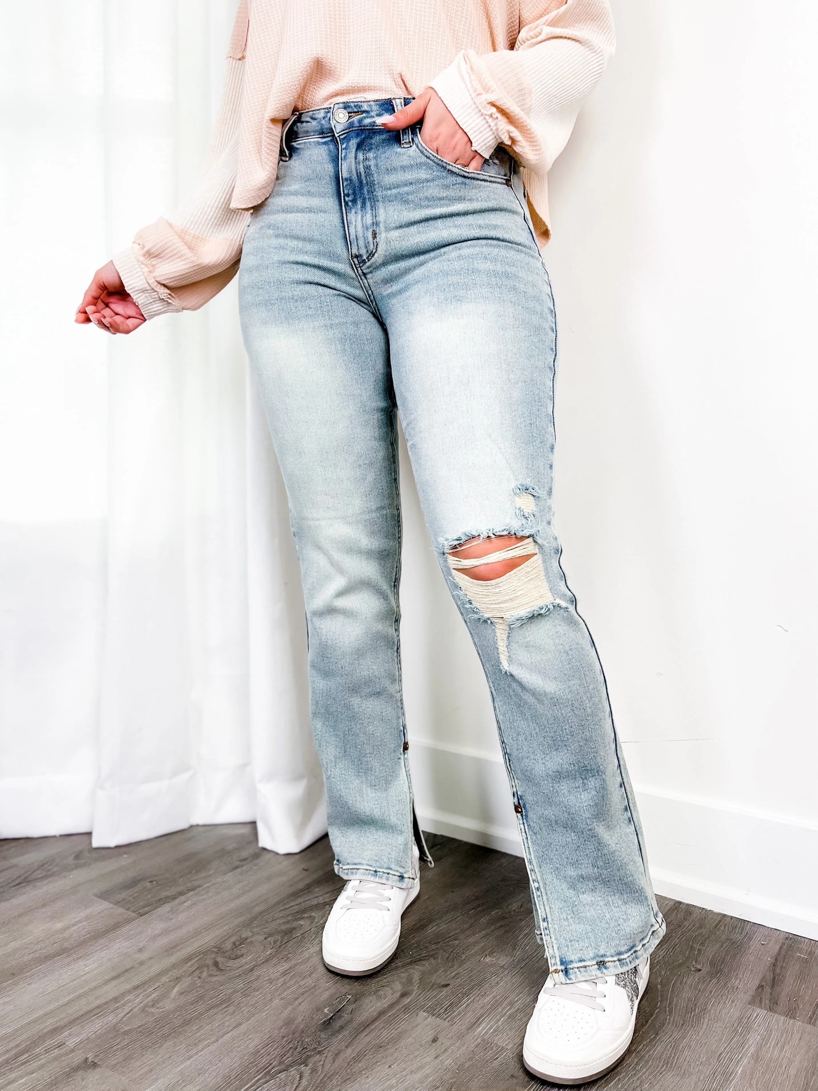 Judy Blue High Waist Straight Leg Light Wash Distressed Denim with Inseam Slit
