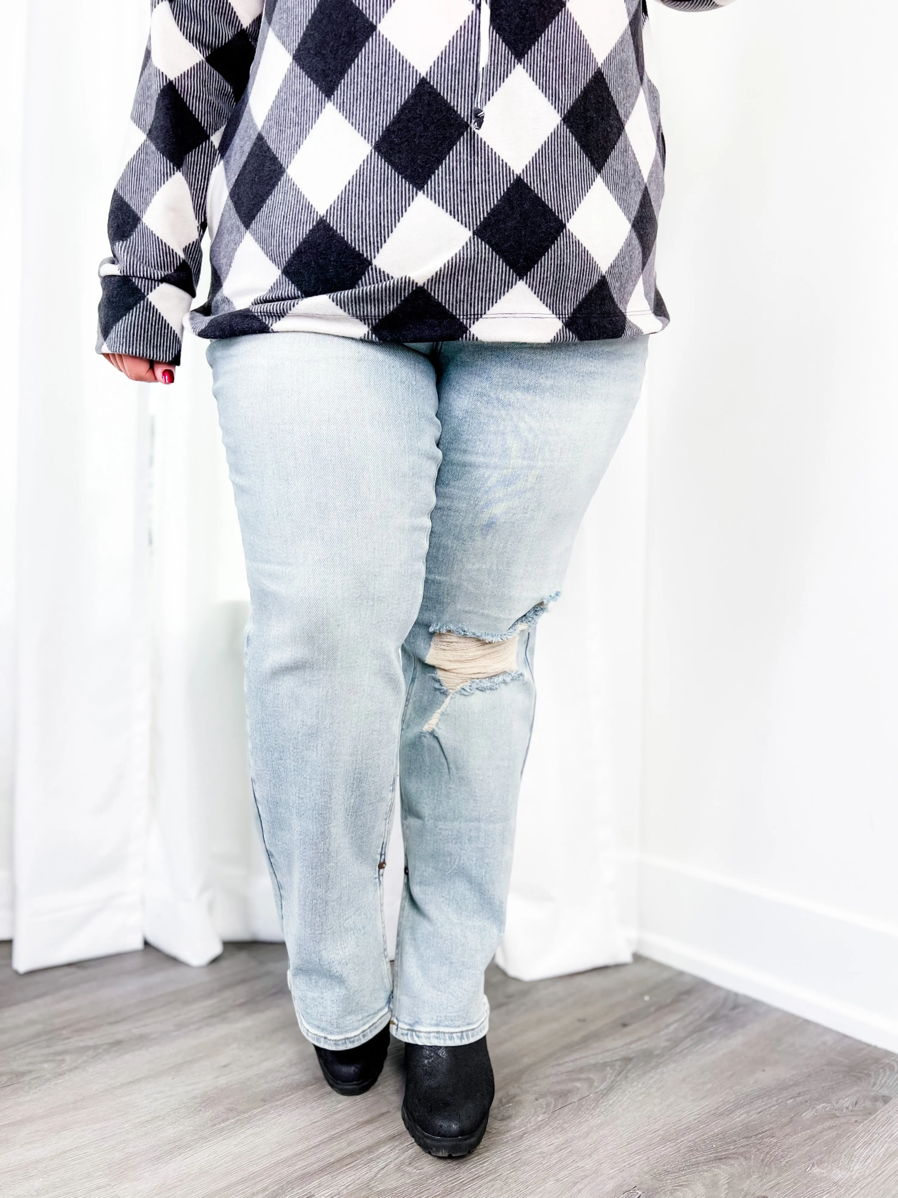 Judy Blue High Waist Straight Leg Light Wash Distressed Denim with Inseam Slit