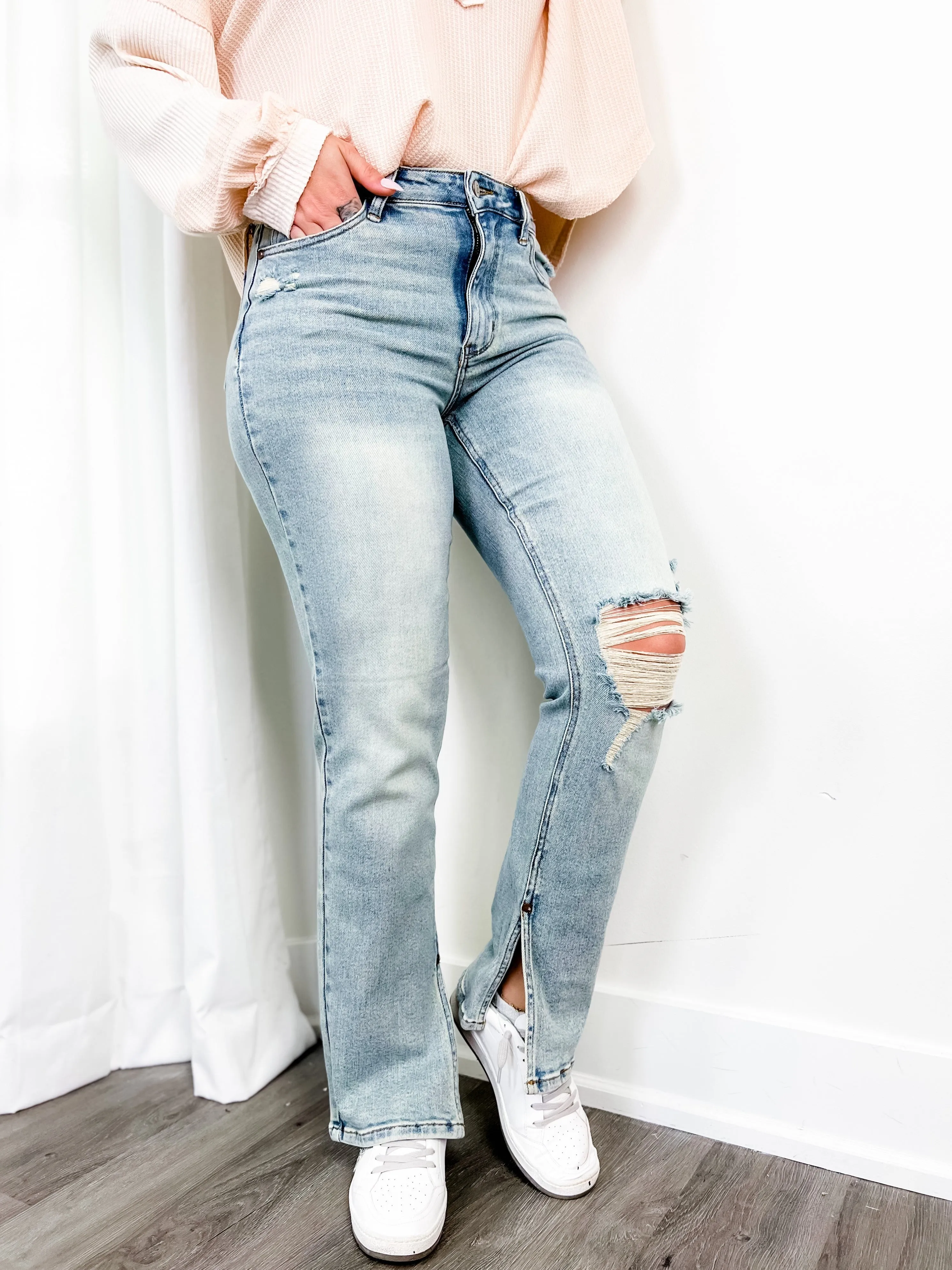Judy Blue High Waist Straight Leg Light Wash Distressed Denim with Inseam Slit