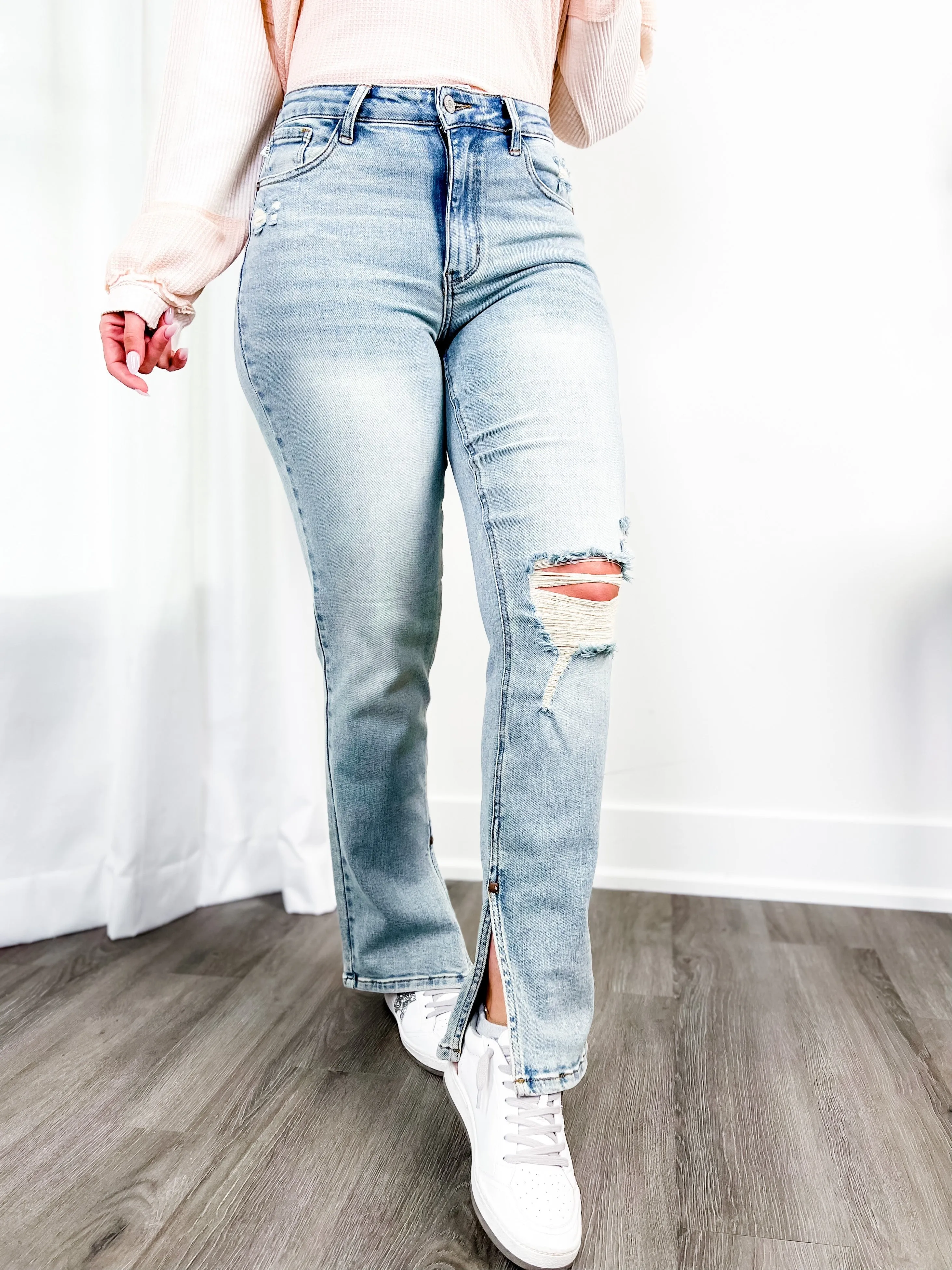 Judy Blue High Waist Straight Leg Light Wash Distressed Denim with Inseam Slit