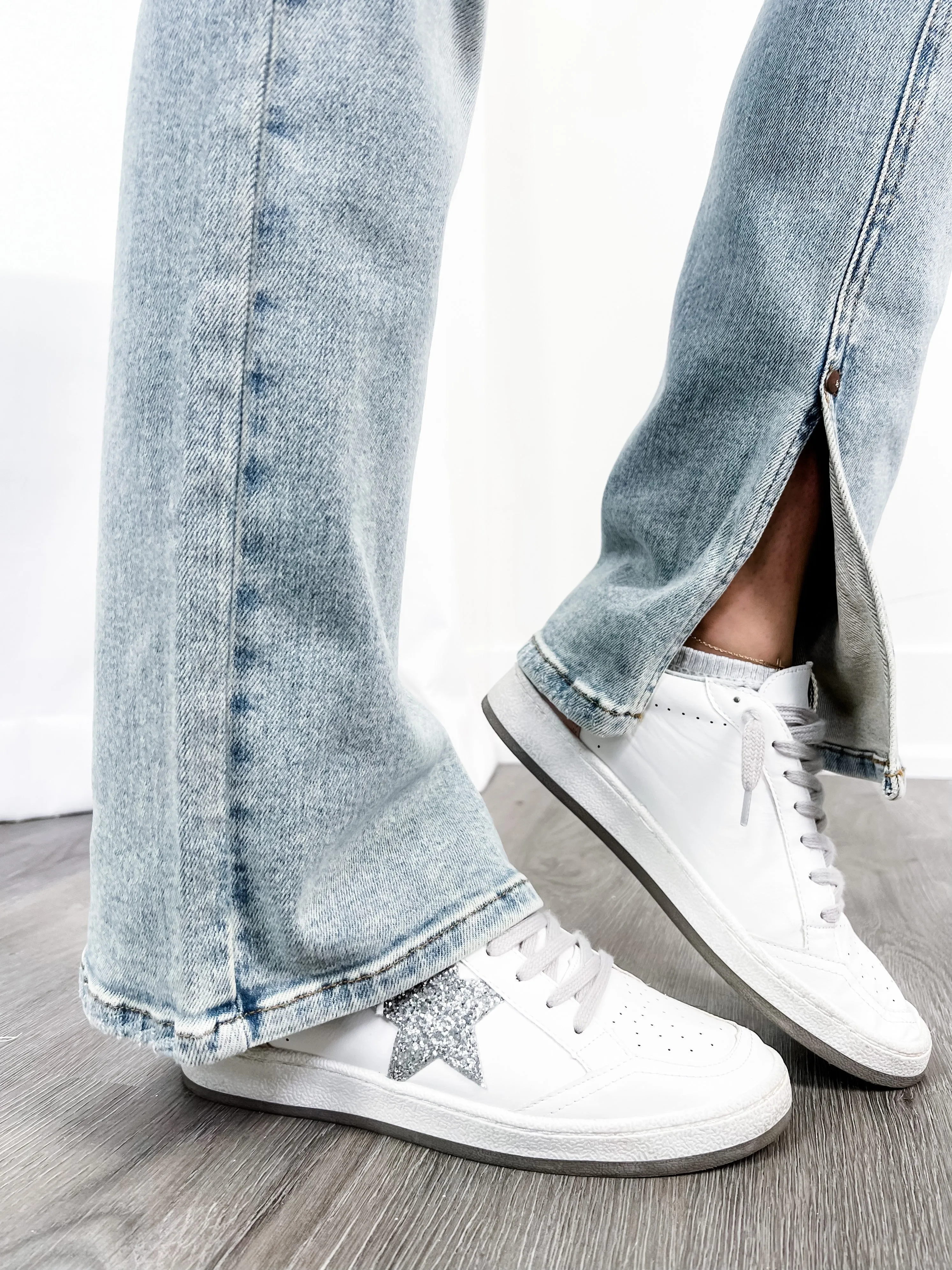 Judy Blue High Waist Straight Leg Light Wash Distressed Denim with Inseam Slit