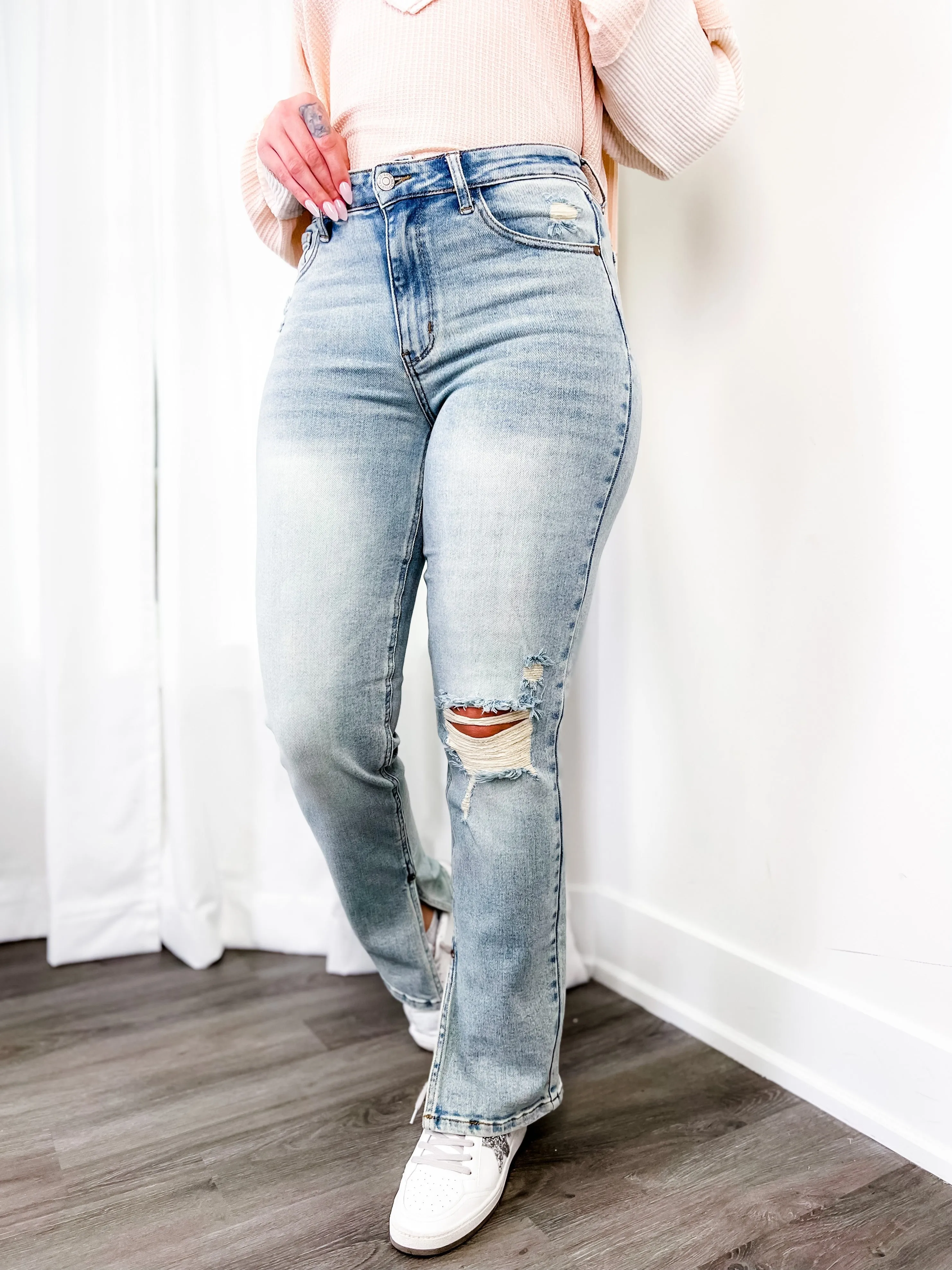 Judy Blue High Waist Straight Leg Light Wash Distressed Denim with Inseam Slit