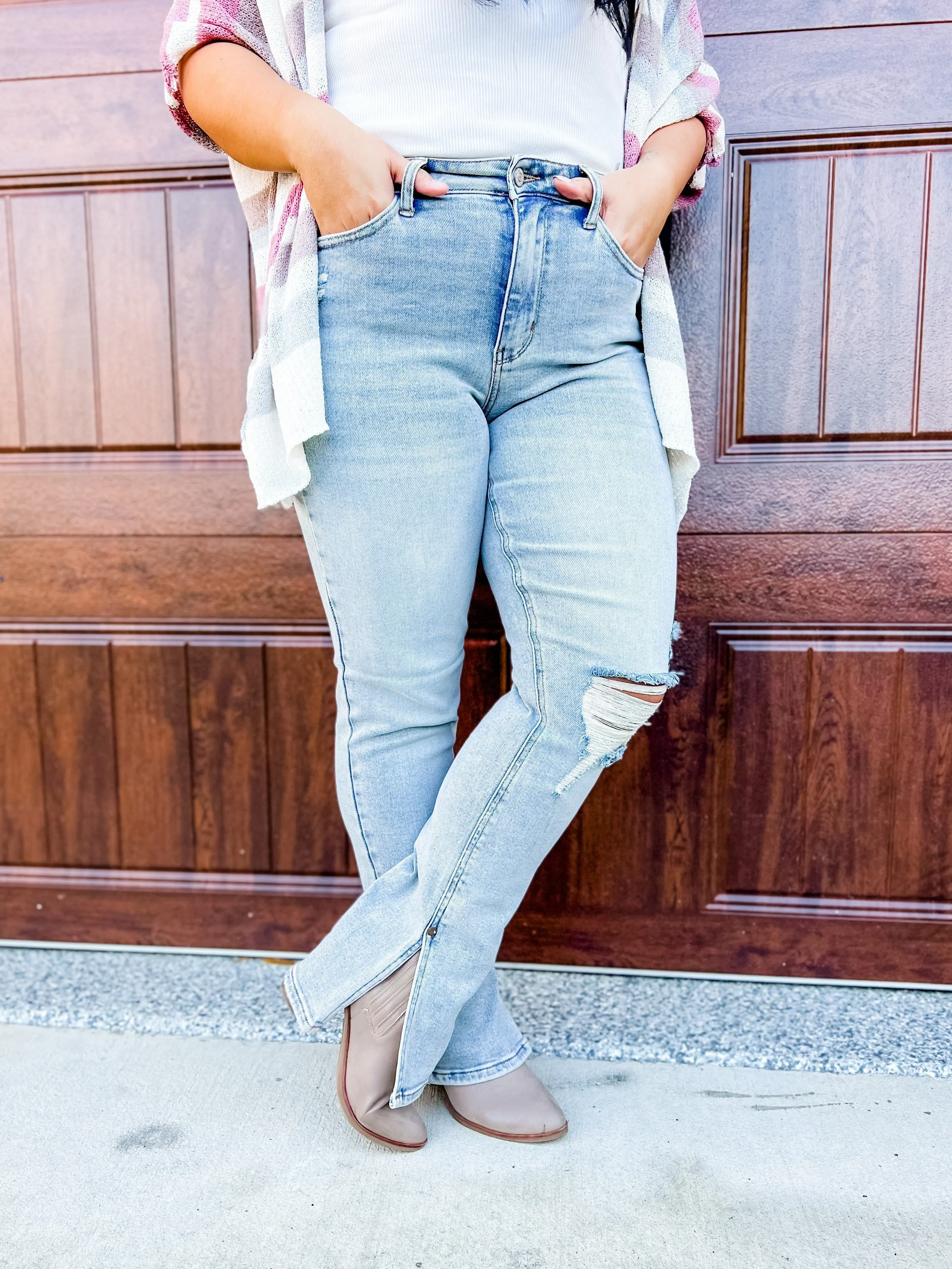 Judy Blue High Waist Straight Leg Light Wash Distressed Denim with Inseam Slit
