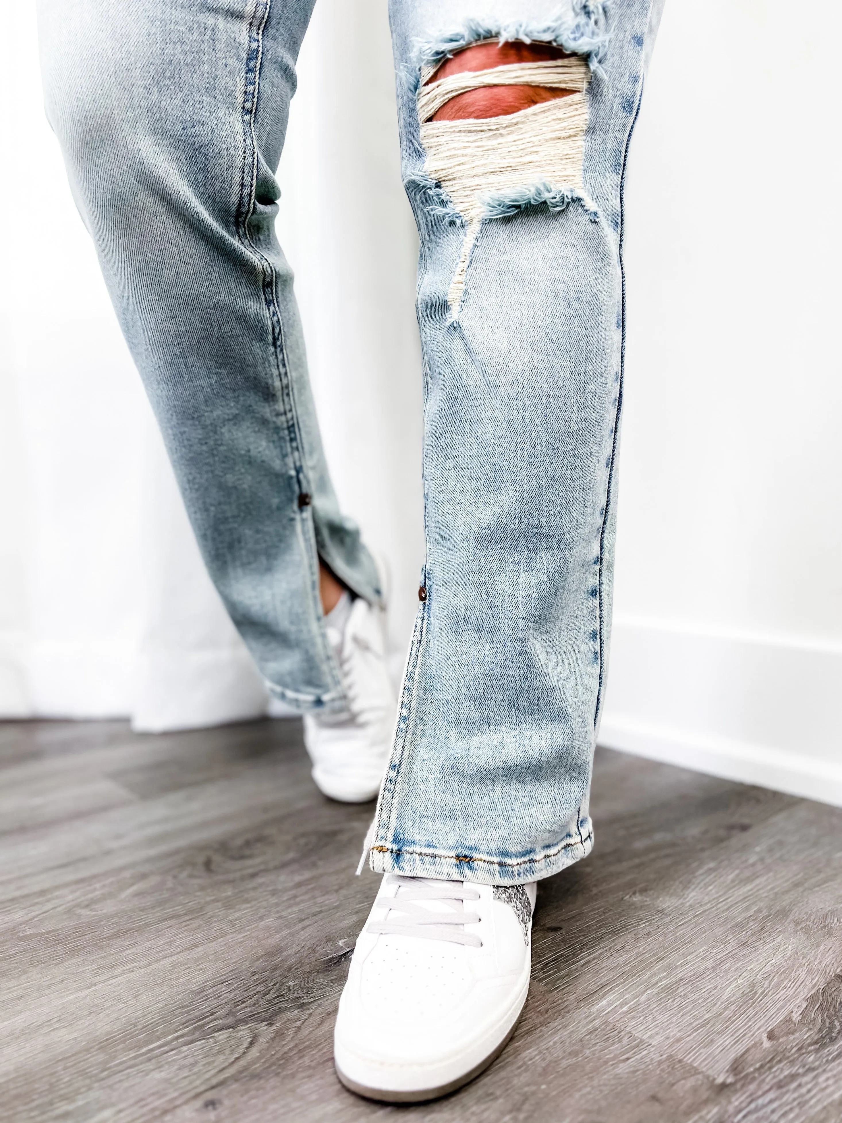 Judy Blue High Waist Straight Leg Light Wash Distressed Denim with Inseam Slit