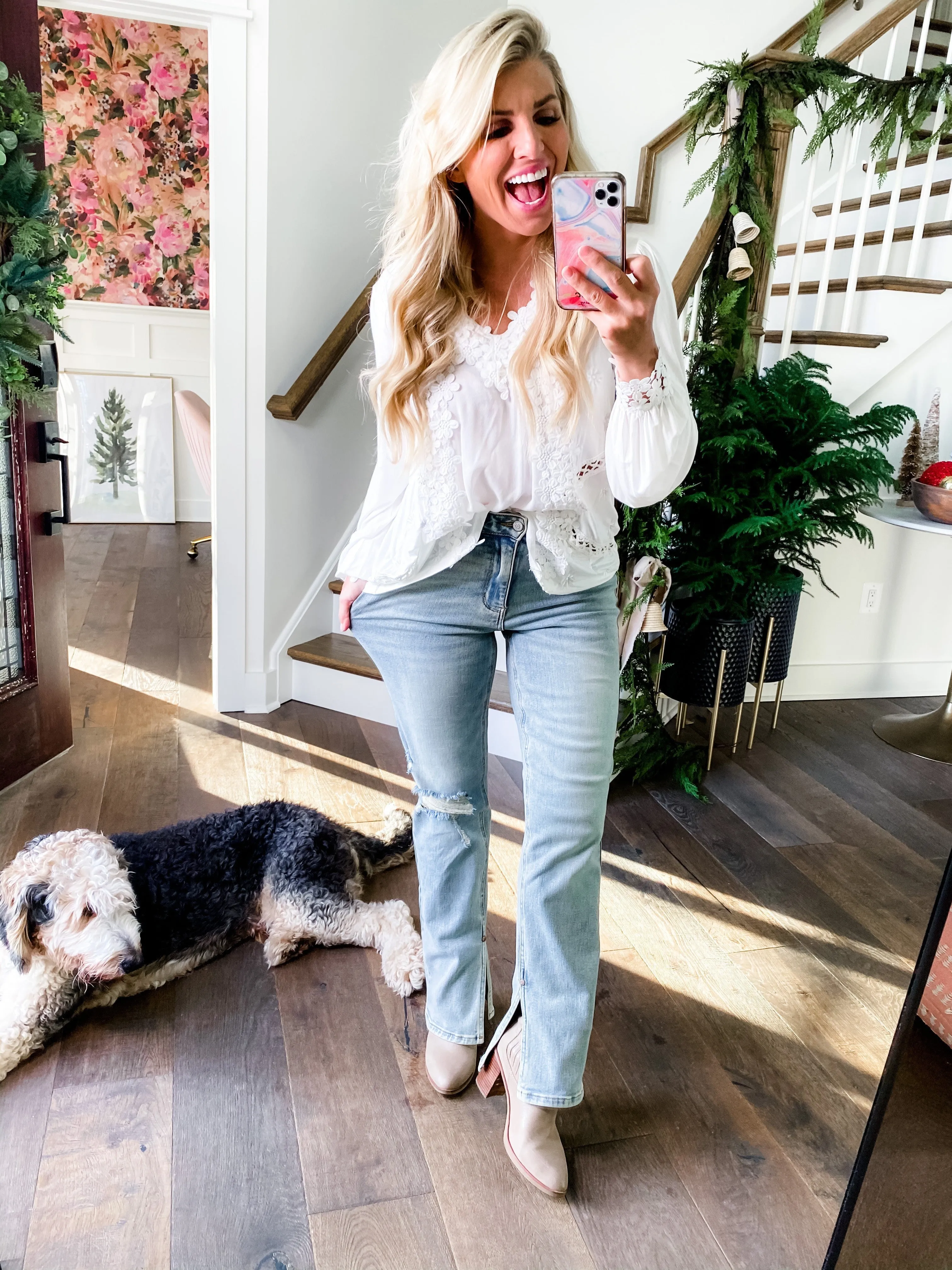 Judy Blue High Waist Straight Leg Light Wash Distressed Denim with Inseam Slit