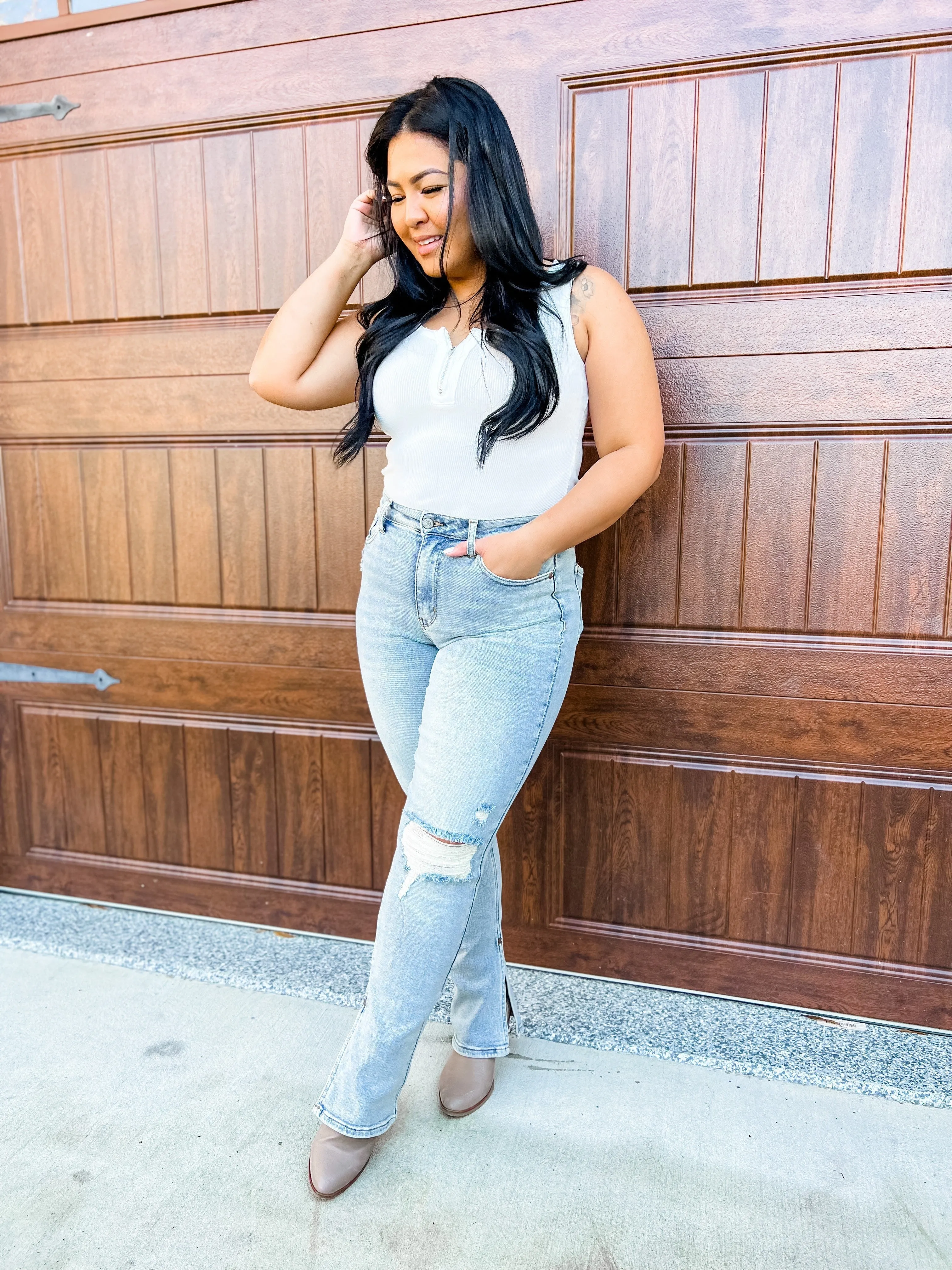 Judy Blue High Waist Straight Leg Light Wash Distressed Denim with Inseam Slit