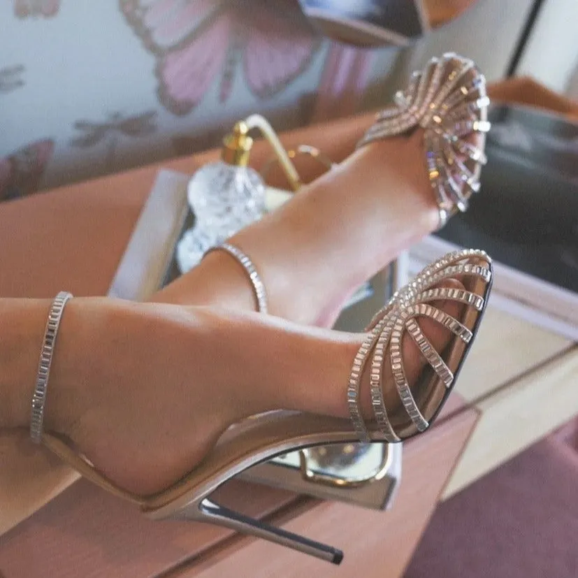 Luxury banquet party rhinestone hollowed closed toe heels bling bling stiletto heels