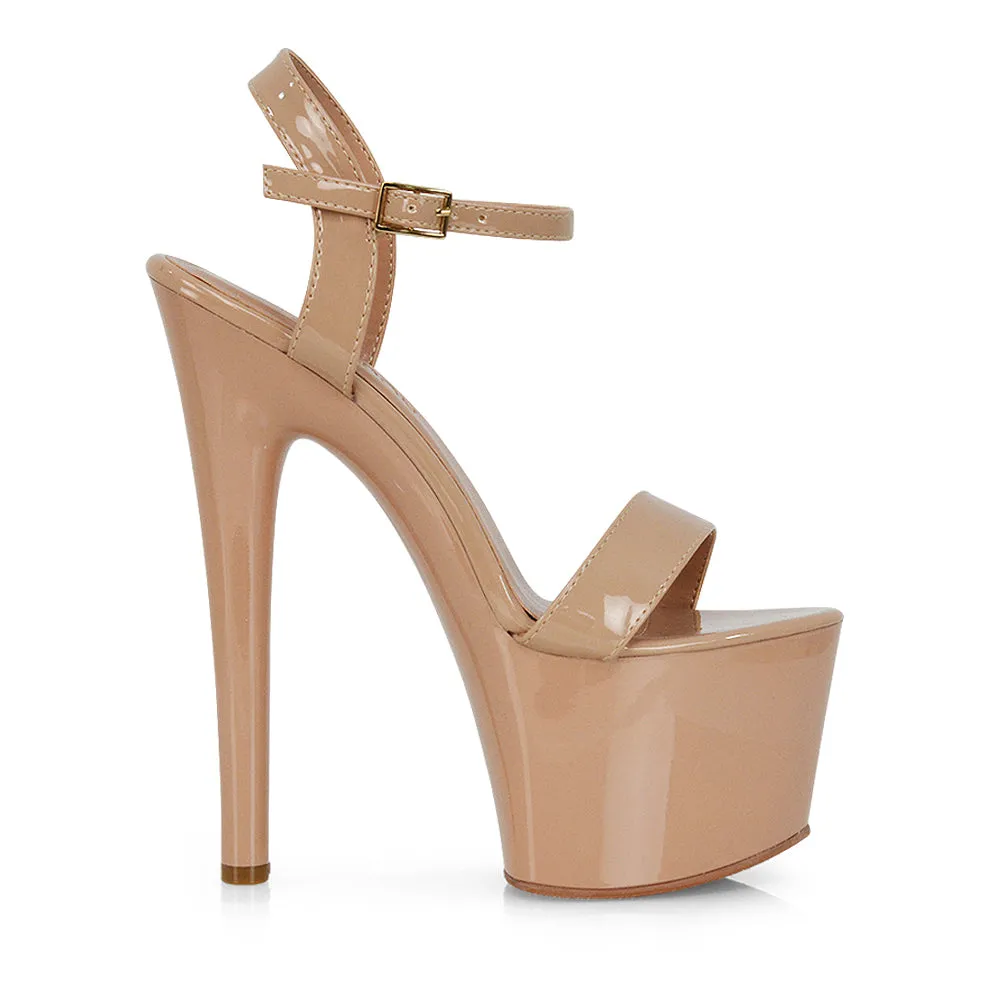 Matilda Statement Strappy Sky High Stiletto Platform Heels in Green Patent