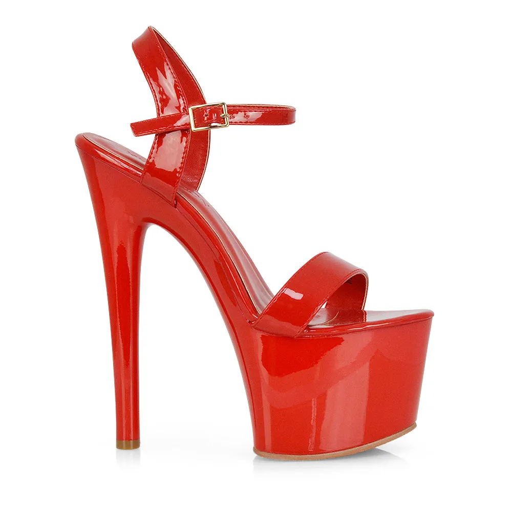 Matilda Statement Strappy Sky High Stiletto Platform Heels in Green Patent