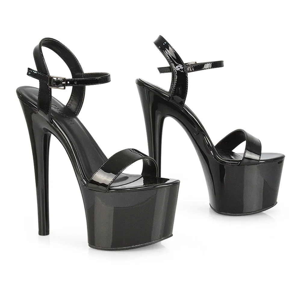 Matilda Statement Strappy Sky High Stiletto Platform Heels in Green Patent