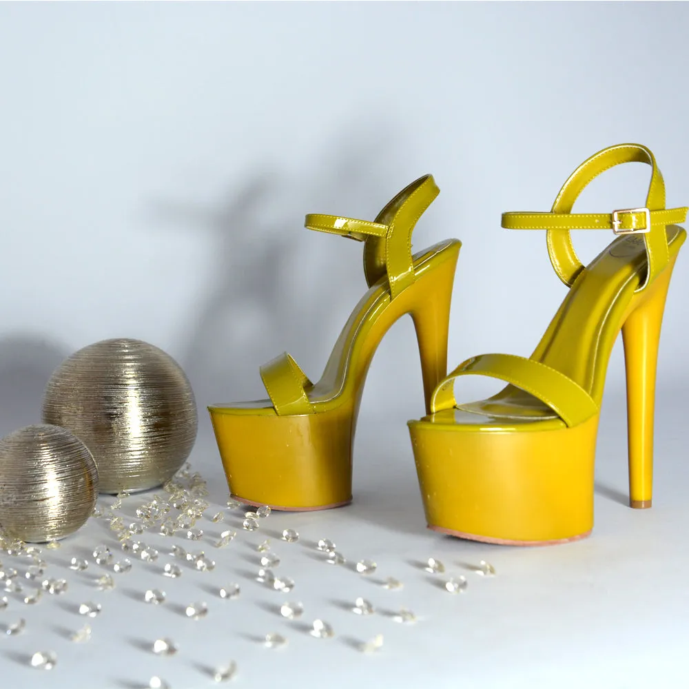 Matilda Statement Strappy Sky High Stiletto Platform Heels in Green Patent