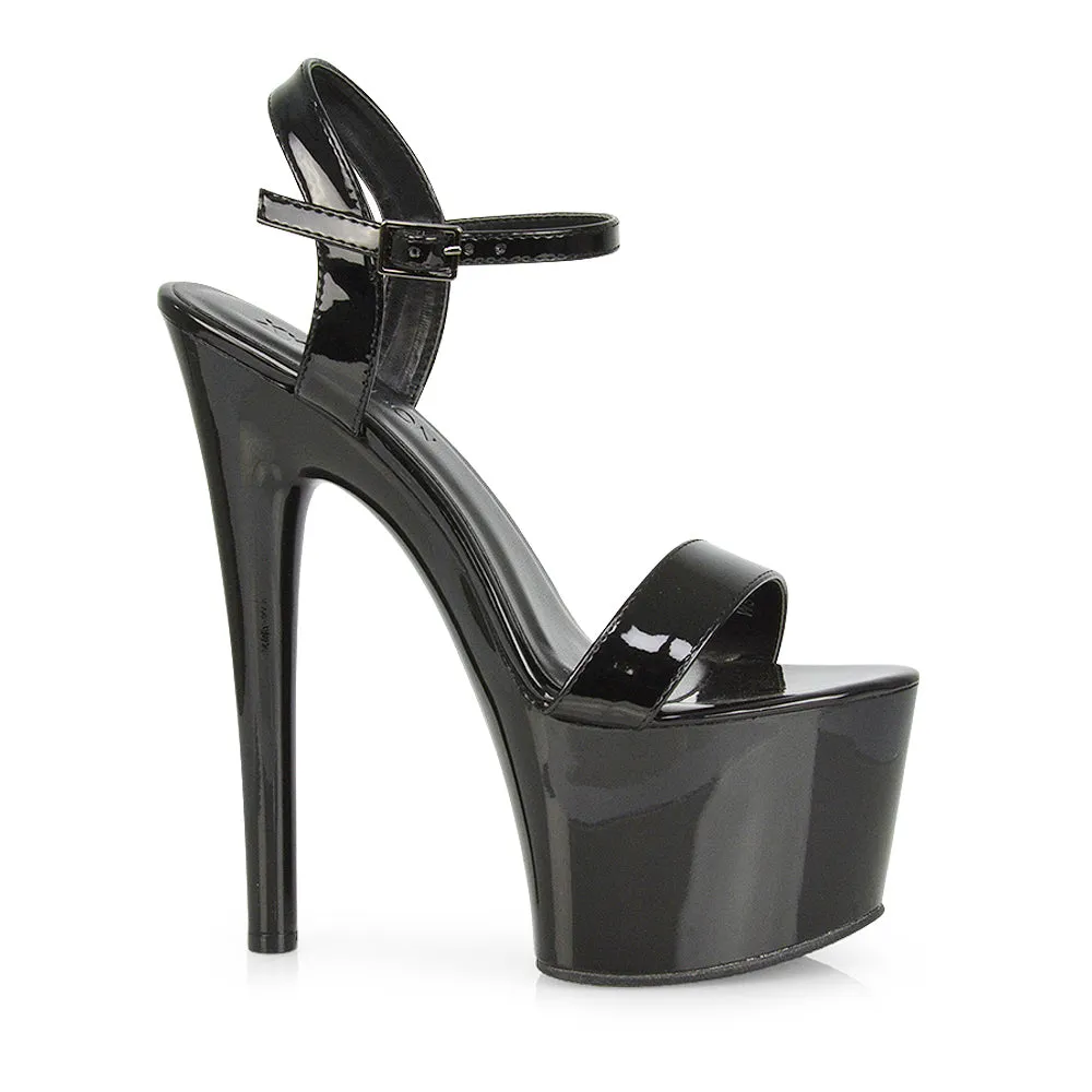 Matilda Statement Strappy Sky High Stiletto Platform Heels in Green Patent