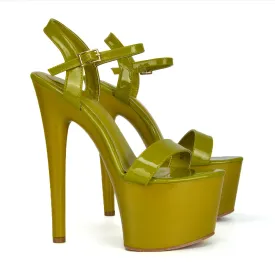Matilda Statement Strappy Sky High Stiletto Platform Heels in Green Patent