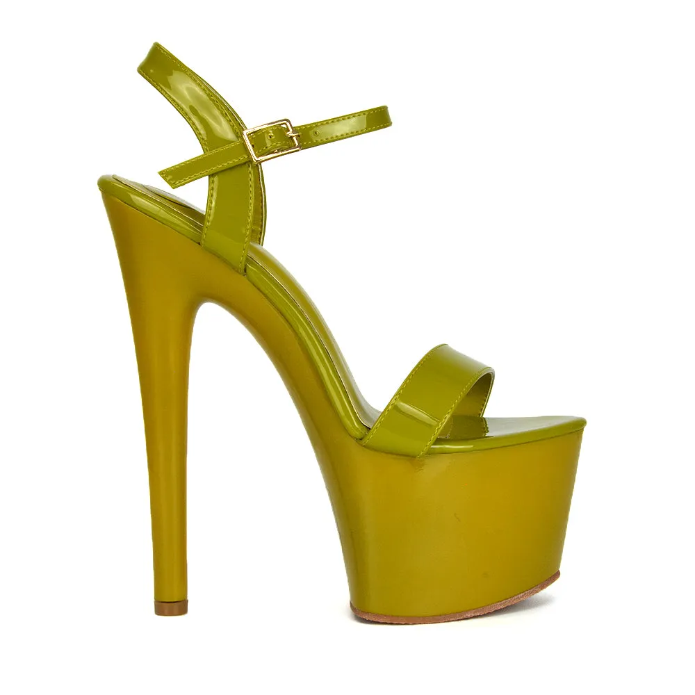 Matilda Statement Strappy Sky High Stiletto Platform Heels in Green Patent