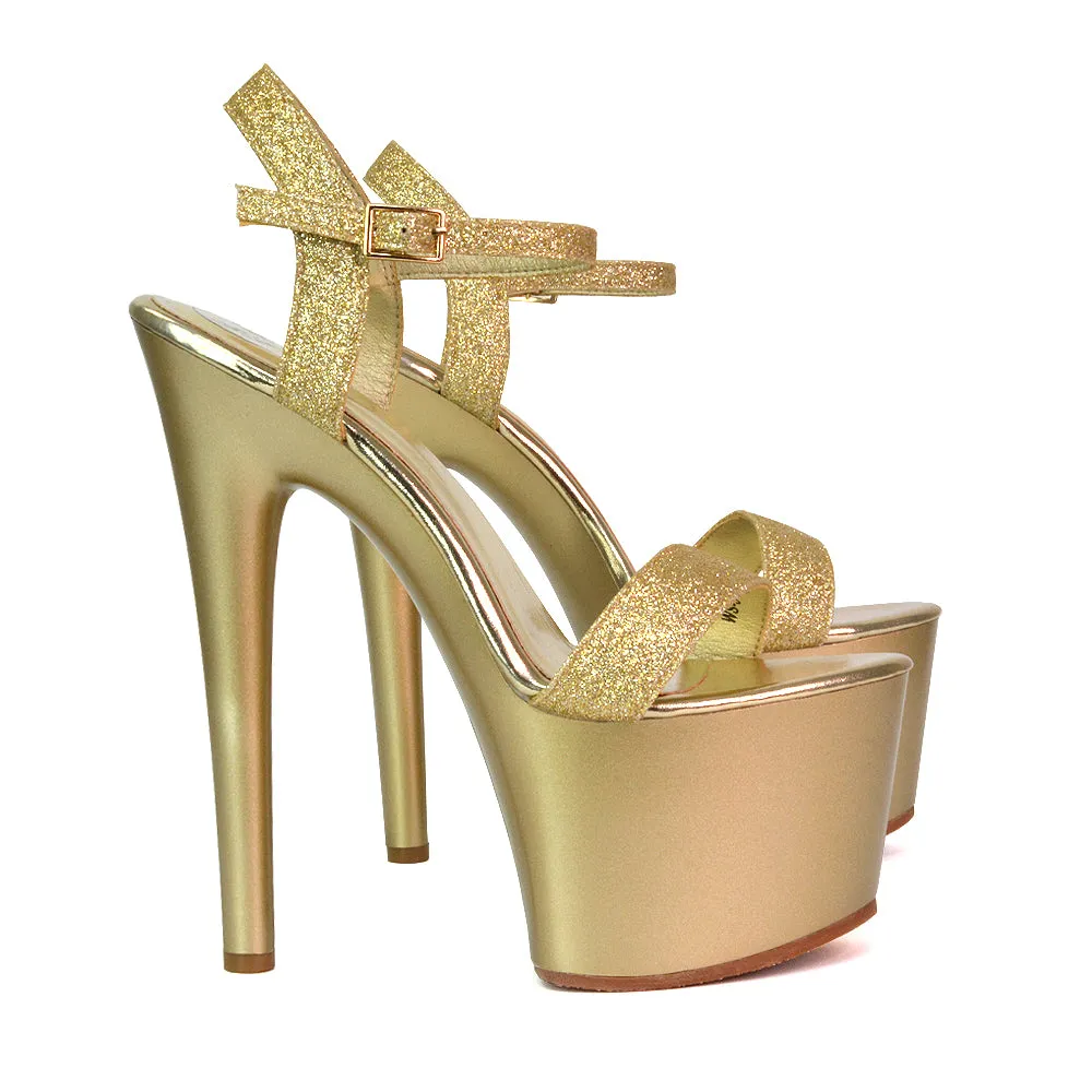 Matilda Statement Strappy Sky High Stiletto Platform Heels in Green Patent