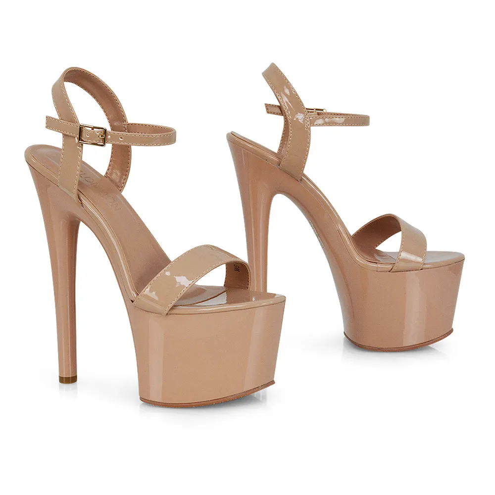 Matilda Statement Strappy Sky High Stiletto Platform Heels in Green Patent