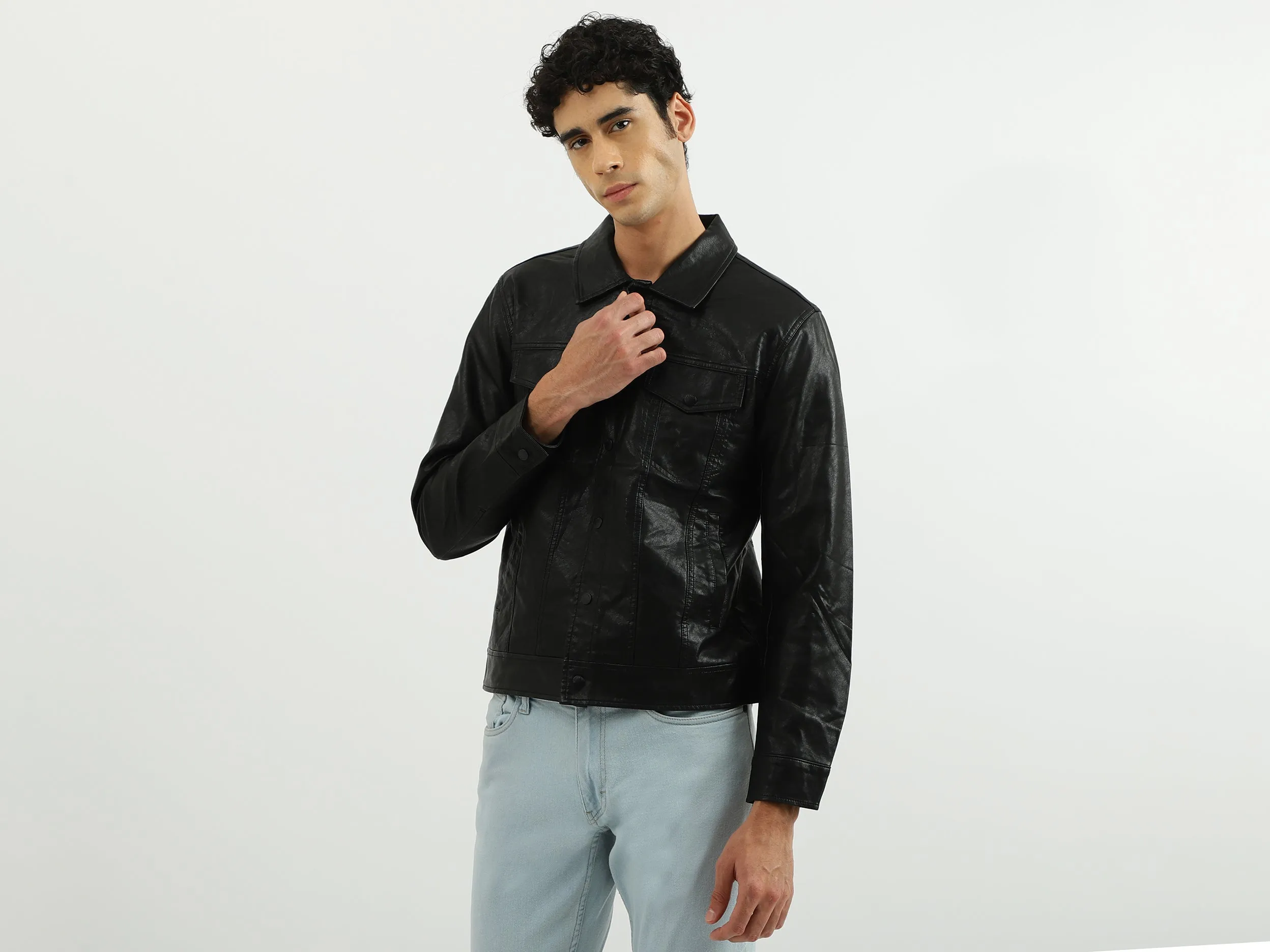 Men Solid Shirt Collar Jacket