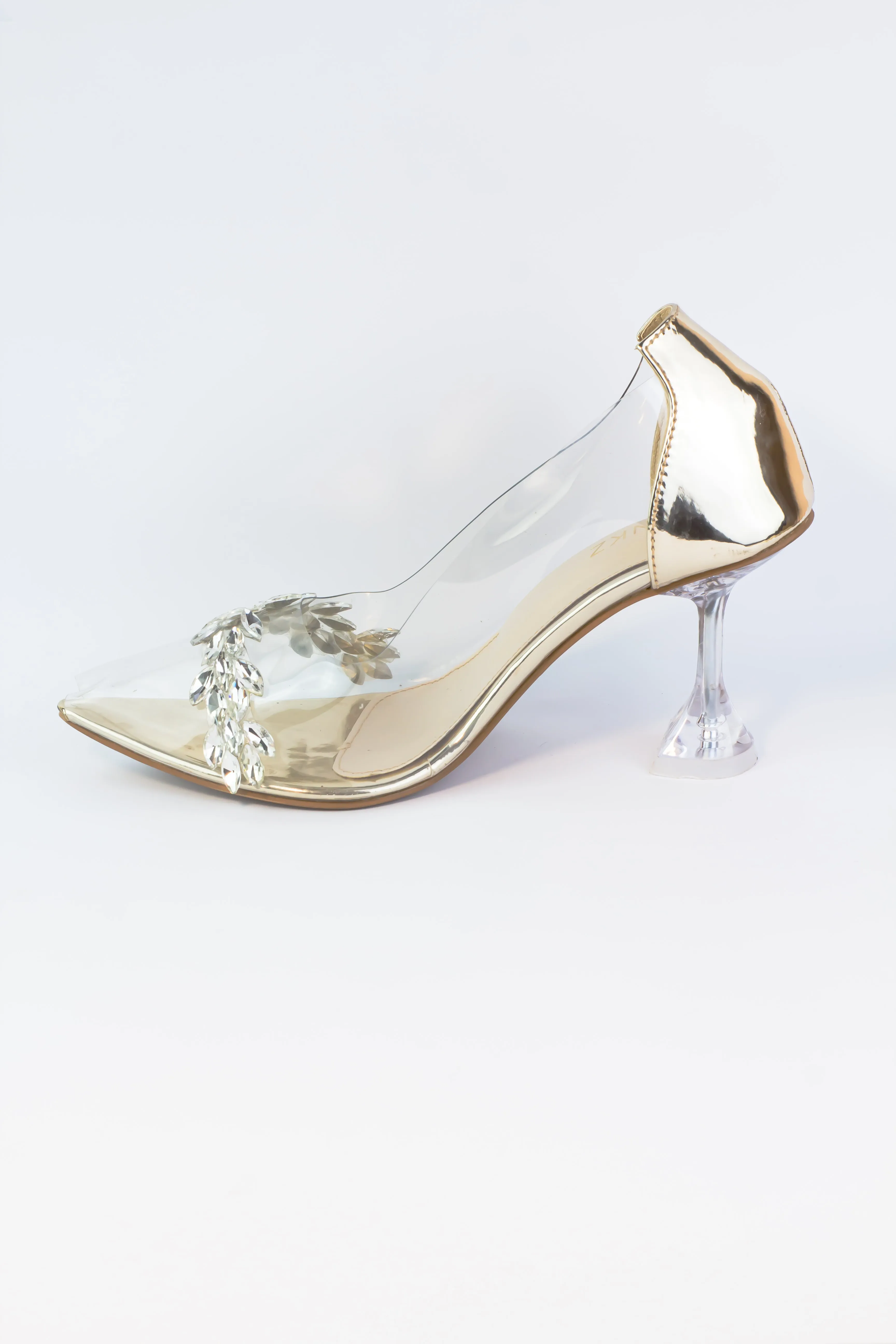 Natalie Clear Heels Golden Pump with Rhinestones