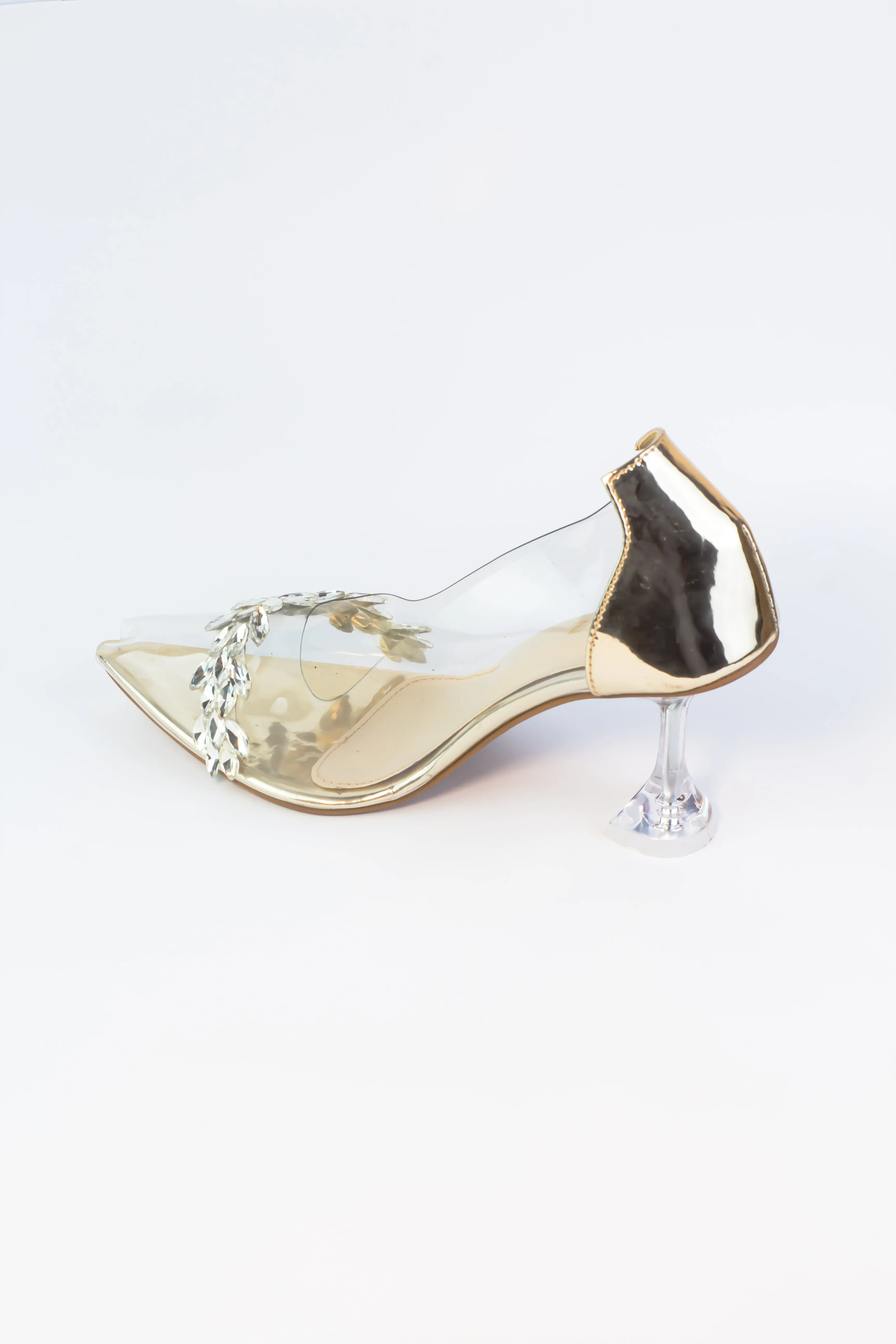 Natalie Clear Heels Golden Pump with Rhinestones