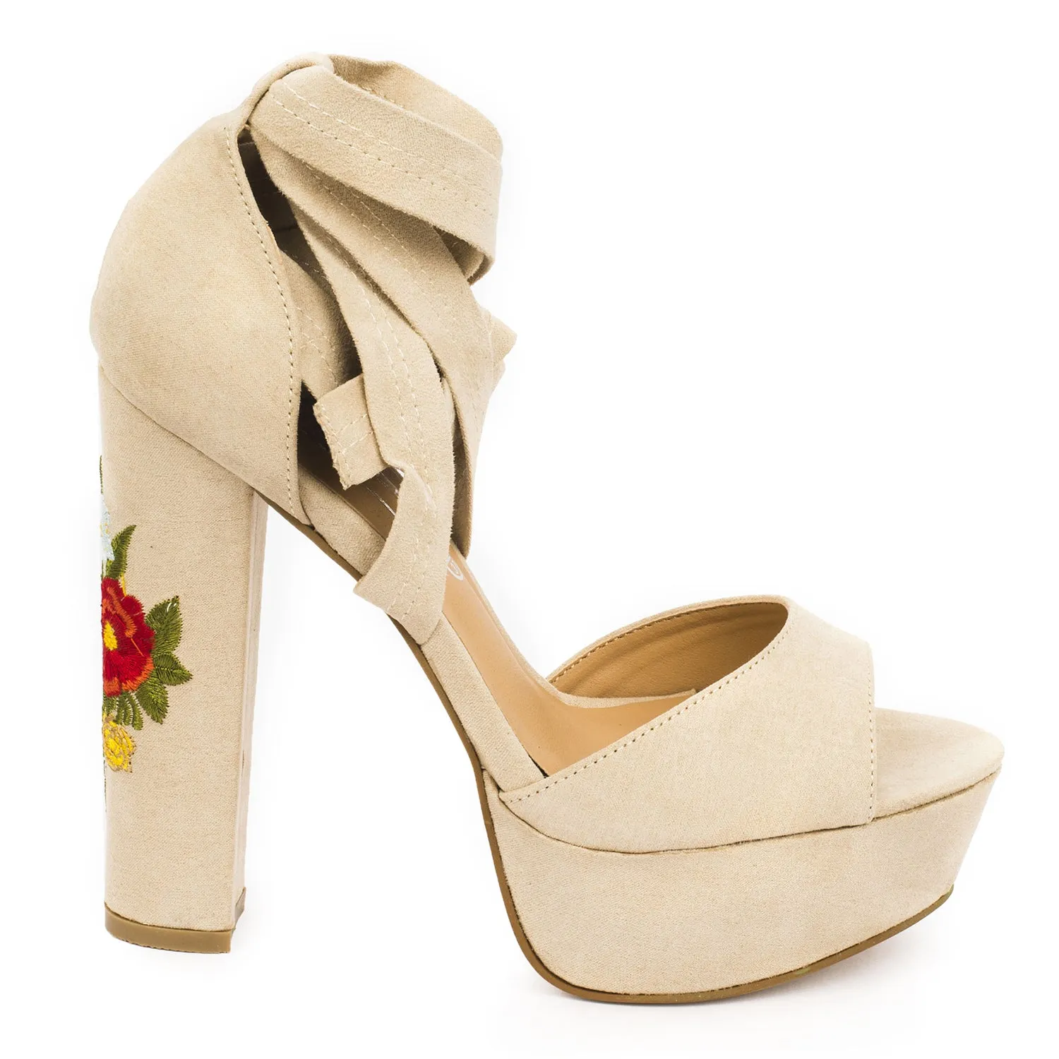 Nude Emboidery Wrap Around High Heels