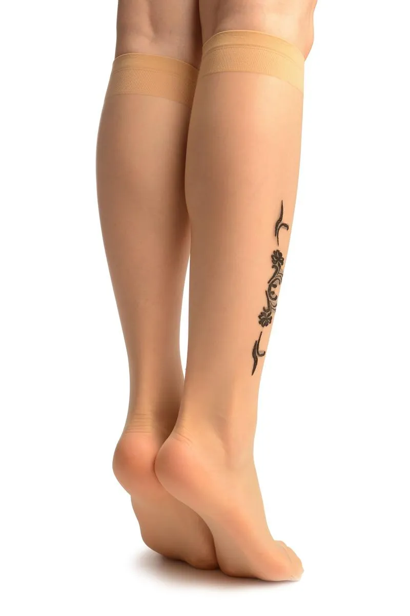 Nude With Black Woven Carnation Flowers Socks Knee High