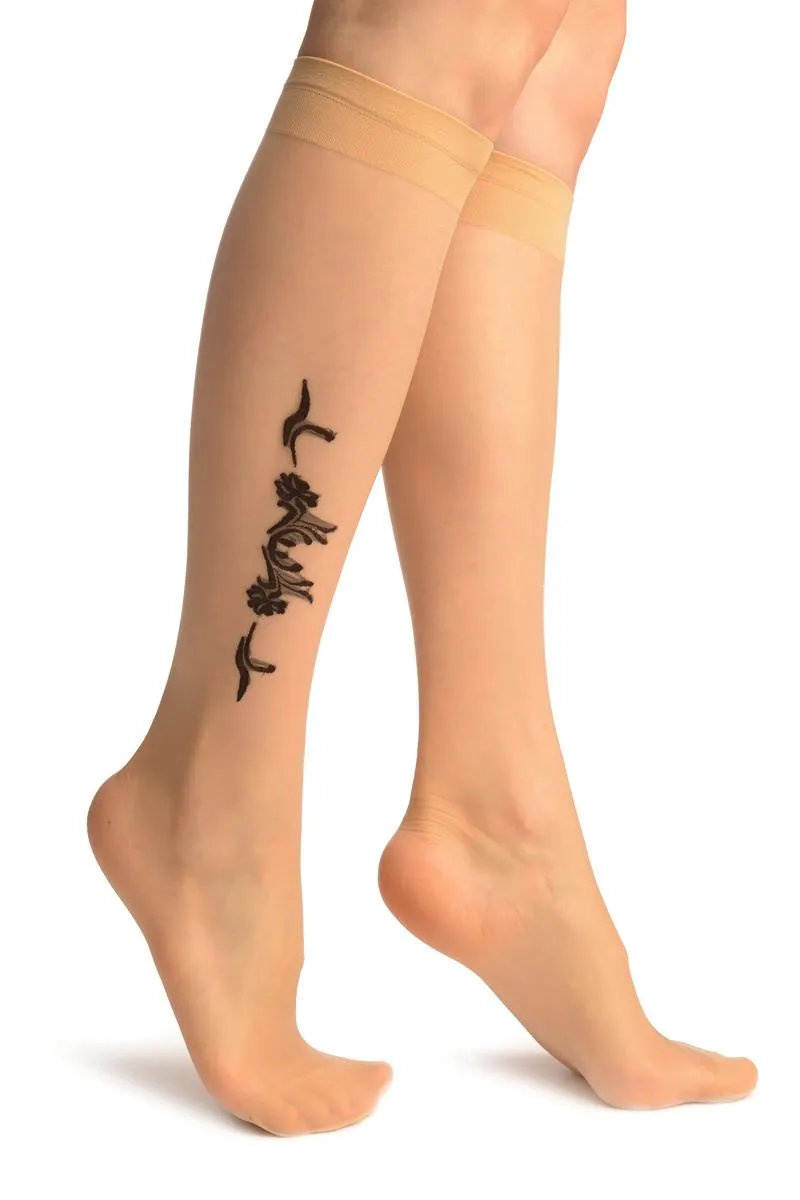 Nude With Black Woven Carnation Flowers Socks Knee High