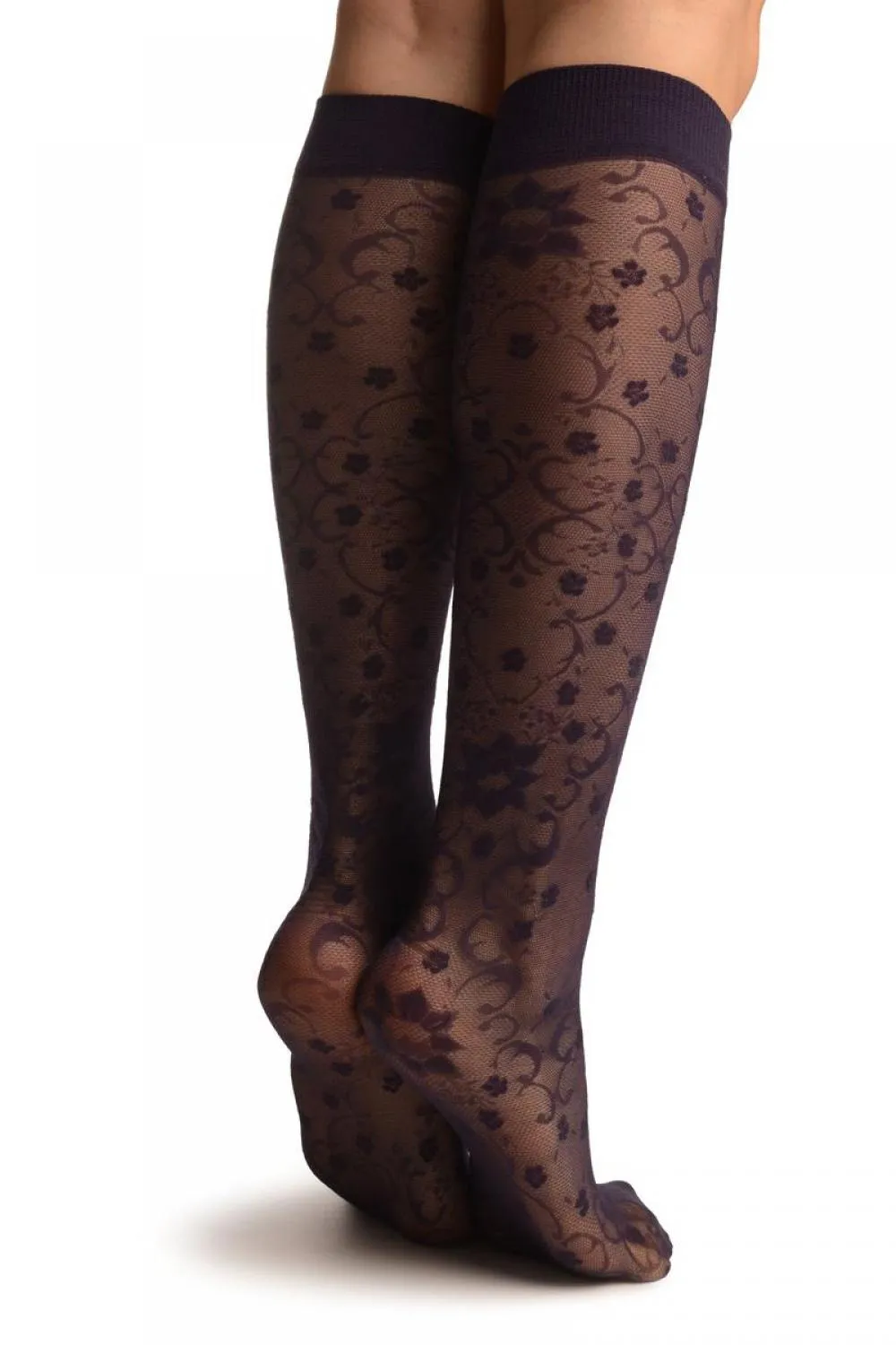 Purple Orchids On Lace Socks Knee High