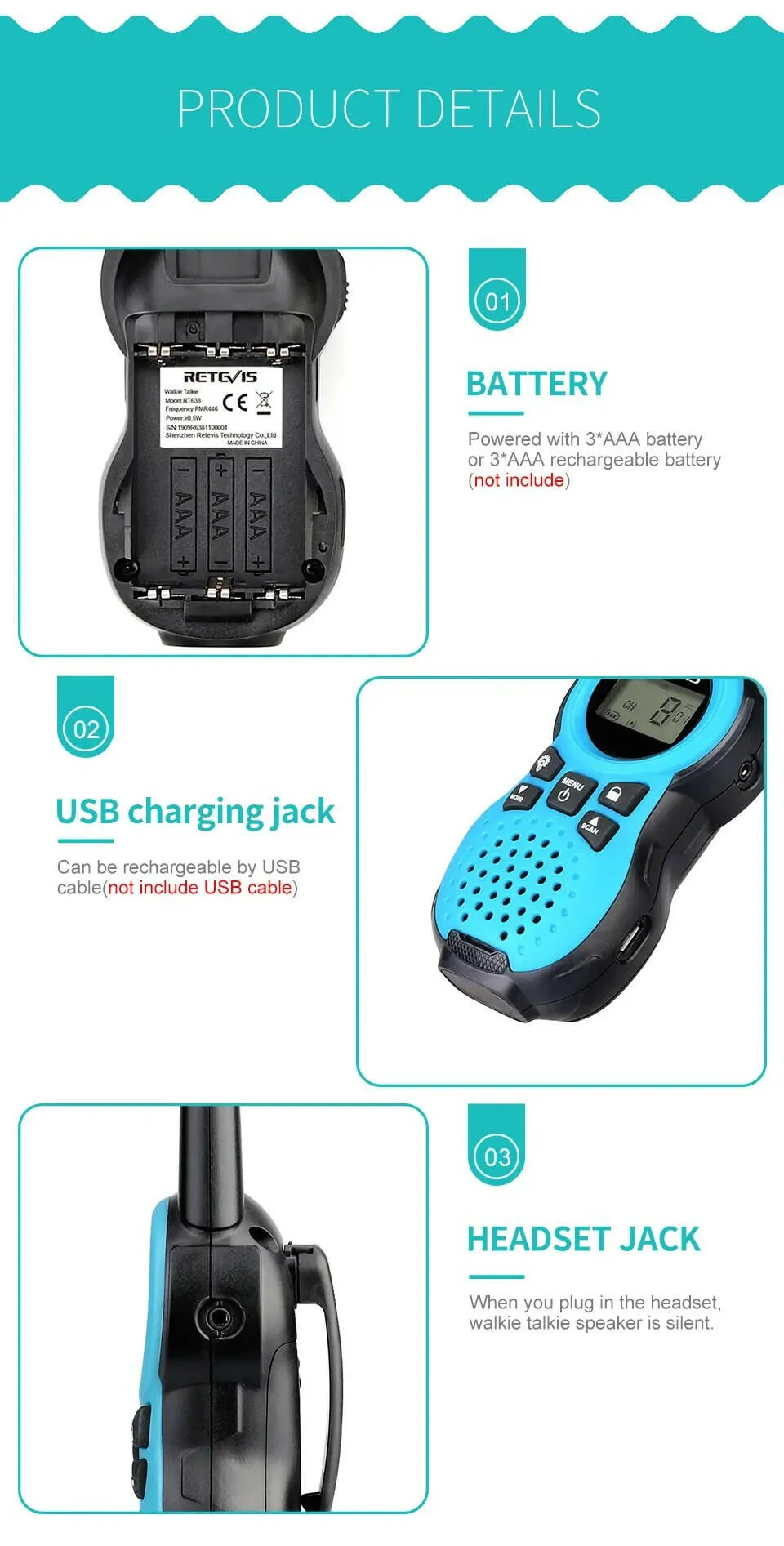 Retevis RT38 Walkie Talkie Children 3pcs FSR 462MHZ 22CH Flashlight Children's Toy Two-way Radio Birthday Gift for Boys Girls
