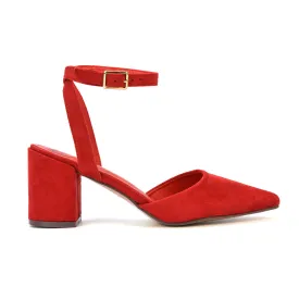 Ronnie Strappy Ankle Buckle Mid Block Heel Pointed Toe in Red Faux Suede