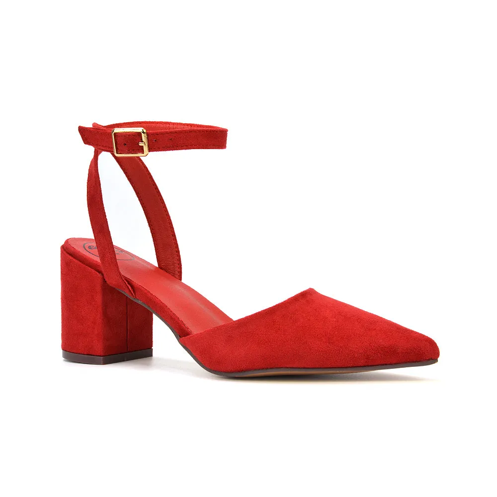 Ronnie Strappy Ankle Buckle Mid Block Heel Pointed Toe in Red Faux Suede