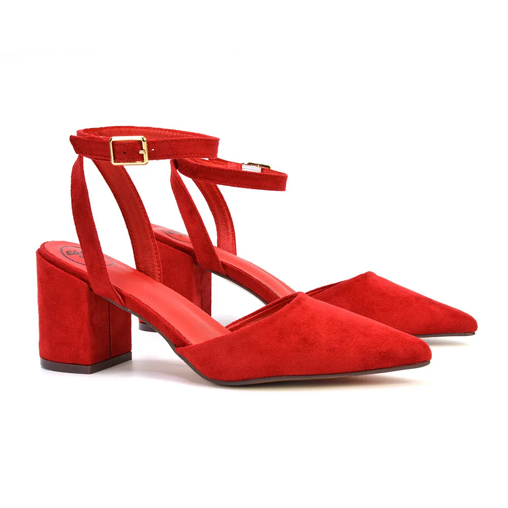 Ronnie Strappy Ankle Buckle Mid Block Heel Pointed Toe in Red Faux Suede