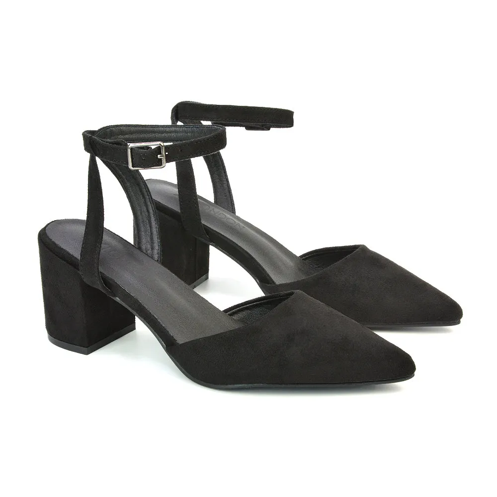 Ronnie Strappy Ankle Buckle Mid Block Heel Pointed Toe in Red Faux Suede