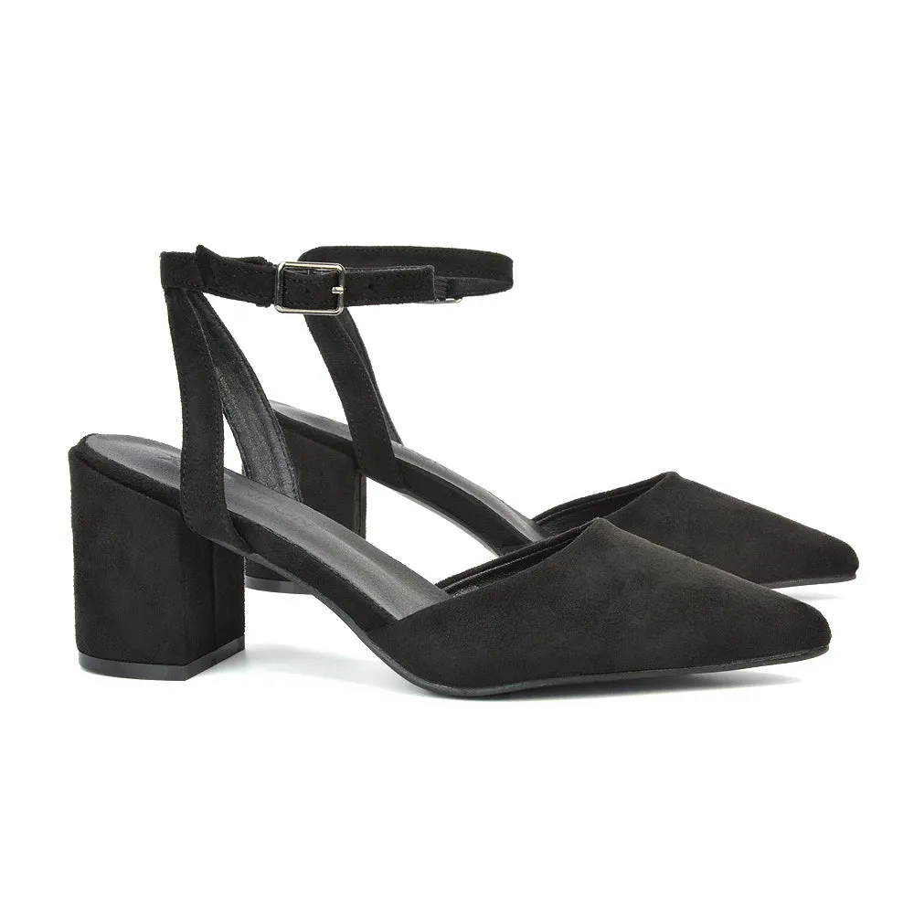 Ronnie Strappy Ankle Buckle Mid Block Heel Pointed Toe in Red Faux Suede
