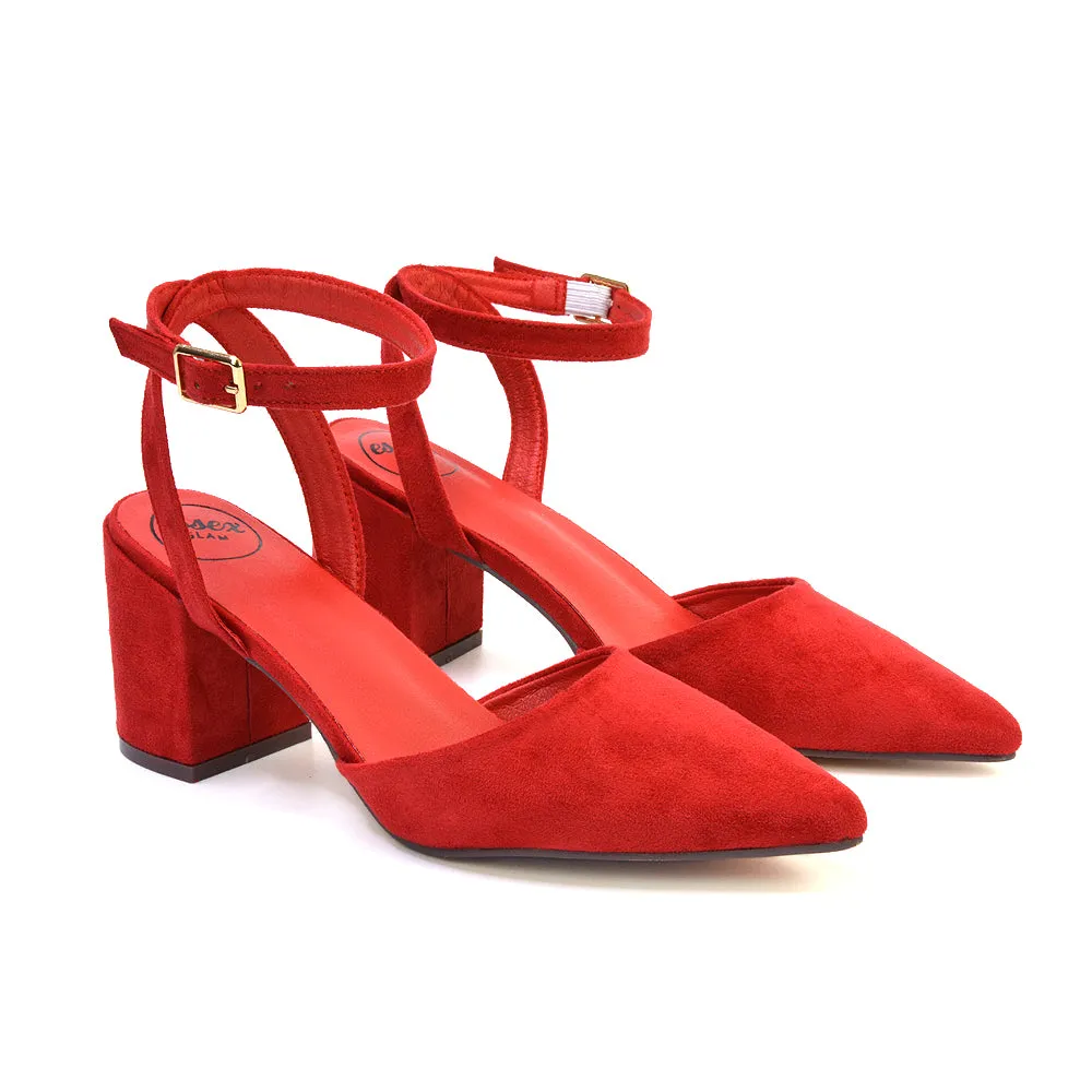 Ronnie Strappy Ankle Buckle Mid Block Heel Pointed Toe in Red Faux Suede