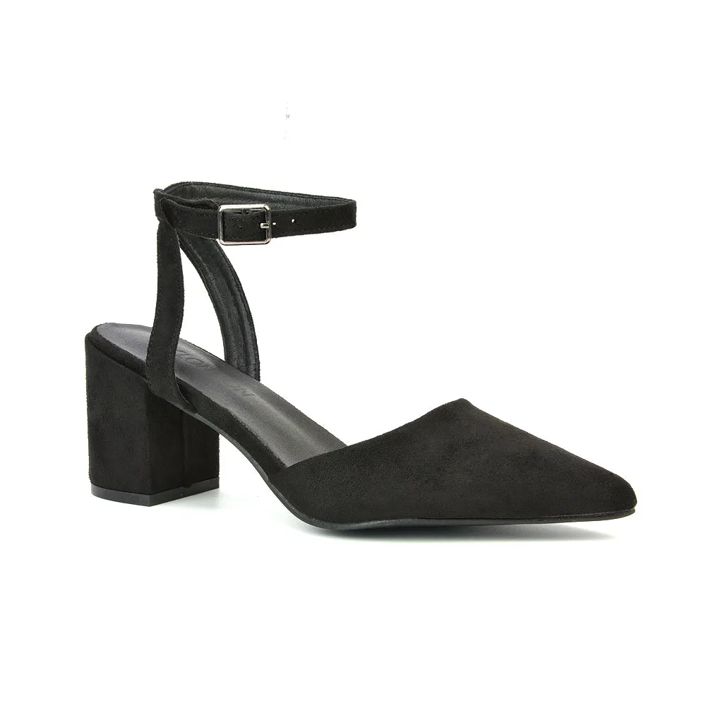 Ronnie Strappy Ankle Buckle Mid Block Heel Pointed Toe in Red Faux Suede
