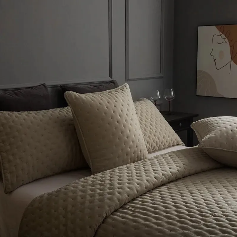 Stitch Taupe Reversible Quilt Set with Pillow Shams - Ultra Soft Microfiber