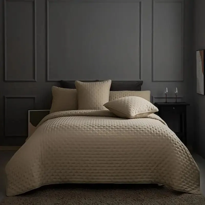 Stitch Taupe Reversible Quilt Set with Pillow Shams - Ultra Soft Microfiber