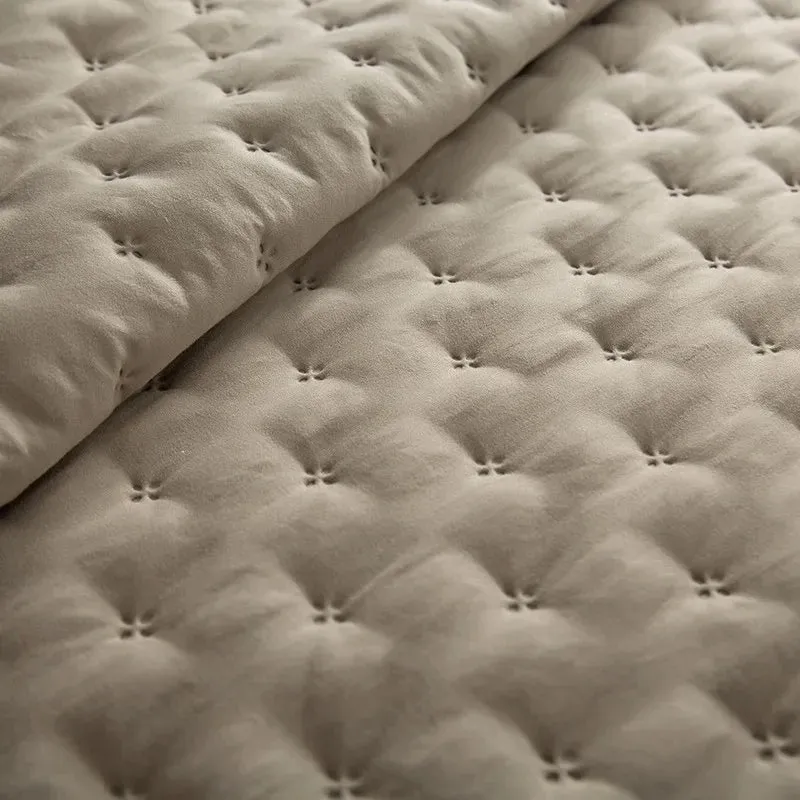 Stitch Taupe Reversible Quilt Set with Pillow Shams - Ultra Soft Microfiber