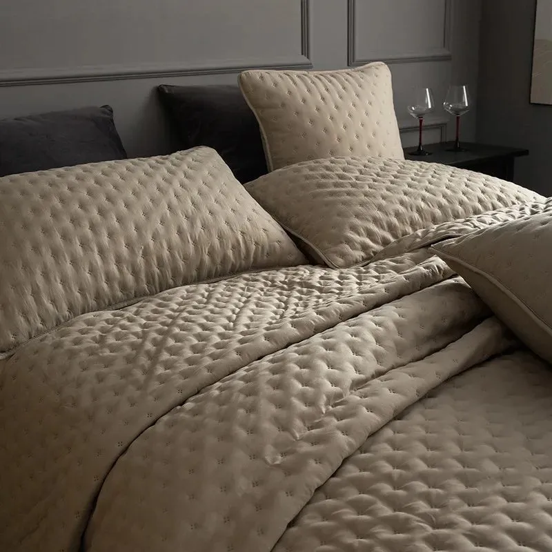 Stitch Taupe Reversible Quilt Set with Pillow Shams - Ultra Soft Microfiber