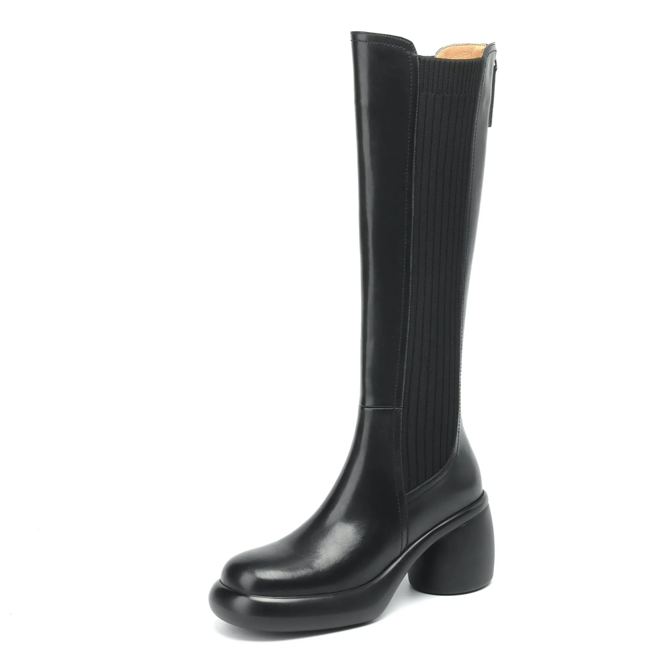 TinaCus Women's Round Toe Genuine Leather Handmade Block Heel Back Zip Knee High Boots