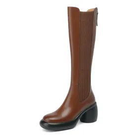 TinaCus Women's Round Toe Genuine Leather Handmade Block Heel Back Zip Knee High Boots