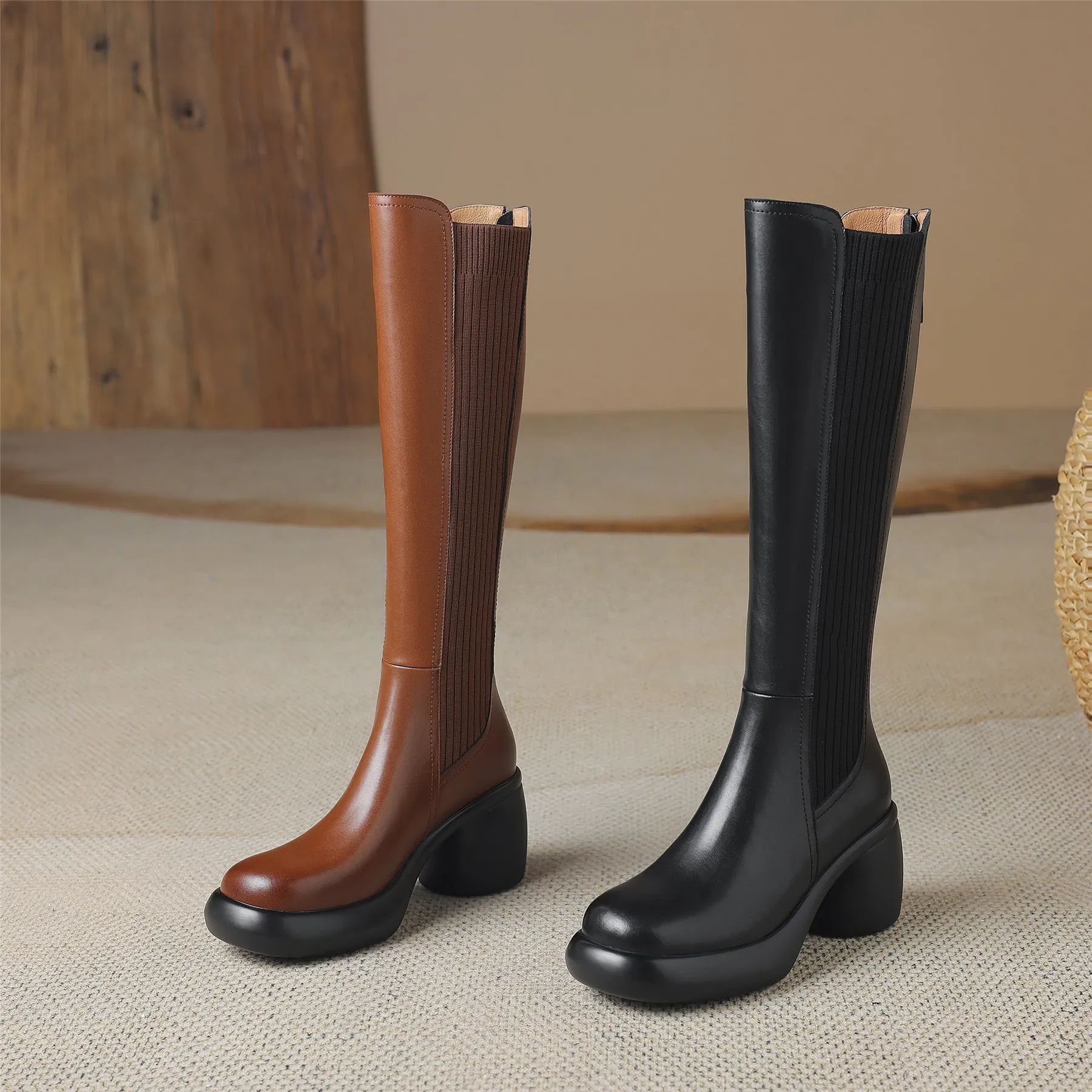 TinaCus Women's Round Toe Genuine Leather Handmade Block Heel Back Zip Knee High Boots