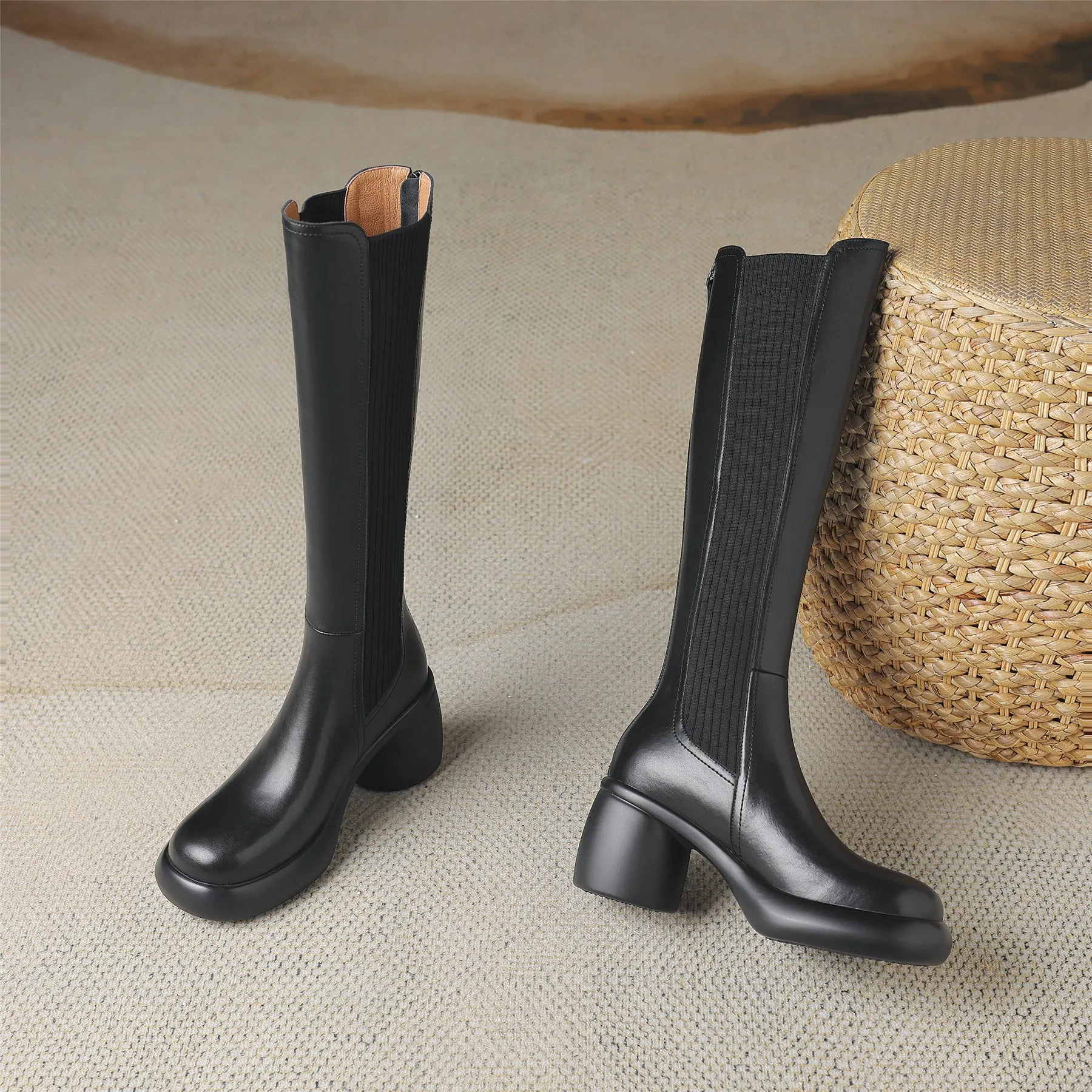 TinaCus Women's Round Toe Genuine Leather Handmade Block Heel Back Zip Knee High Boots