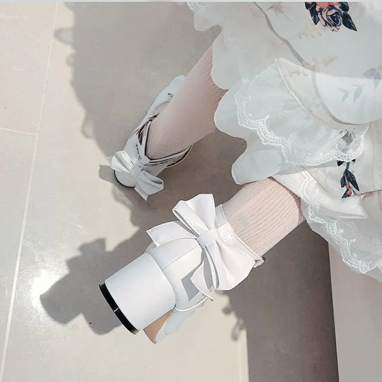 Women Lace Bow Tie Shallow Ankle Strap Block Heel Platform Pumps