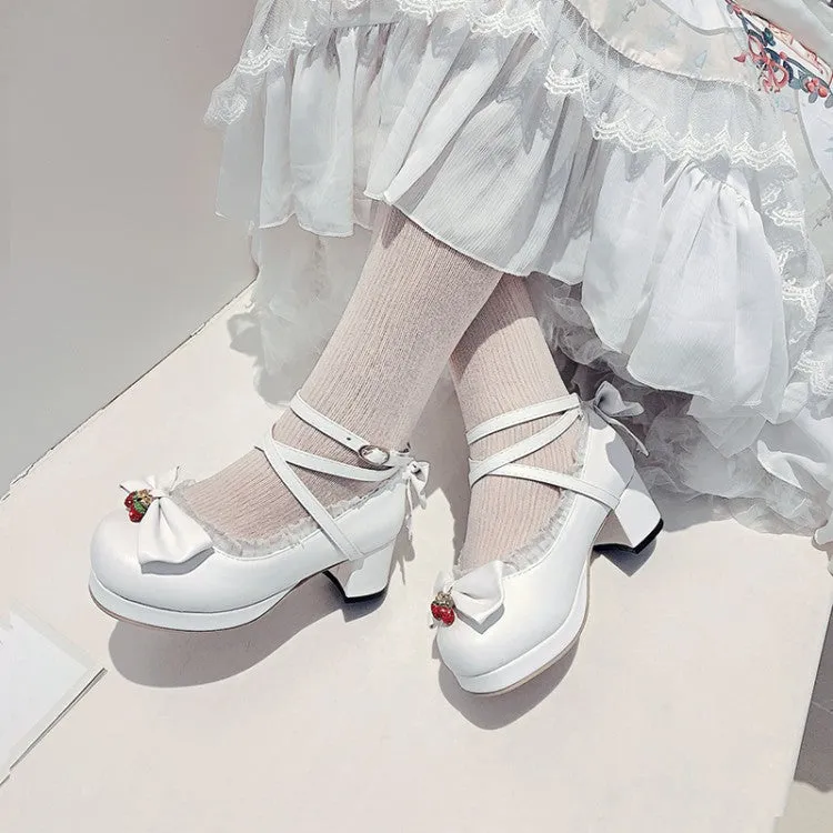 Women Lace Bow Tie Shallow Ankle Strap Block Heel Platform Pumps
