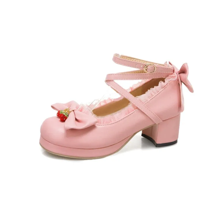 Women Lace Bow Tie Shallow Ankle Strap Block Heel Platform Pumps